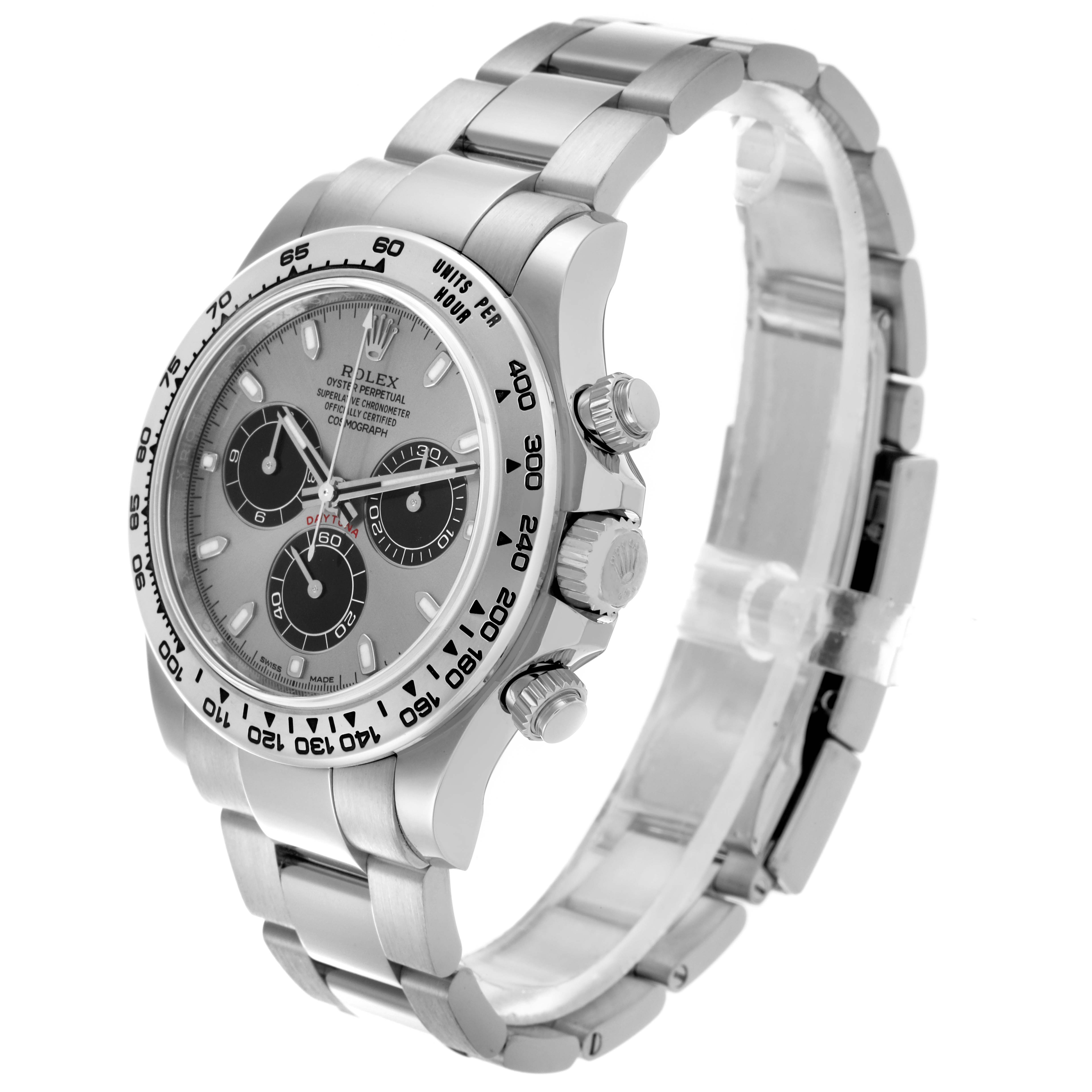 The Rolex Daytona 116509 Men
s White Gold Grey Dial 116509 Men
s White Gold Grey Dial watch is shown at an angle highlighting the face, bezel, crown, and metal bracelet.
