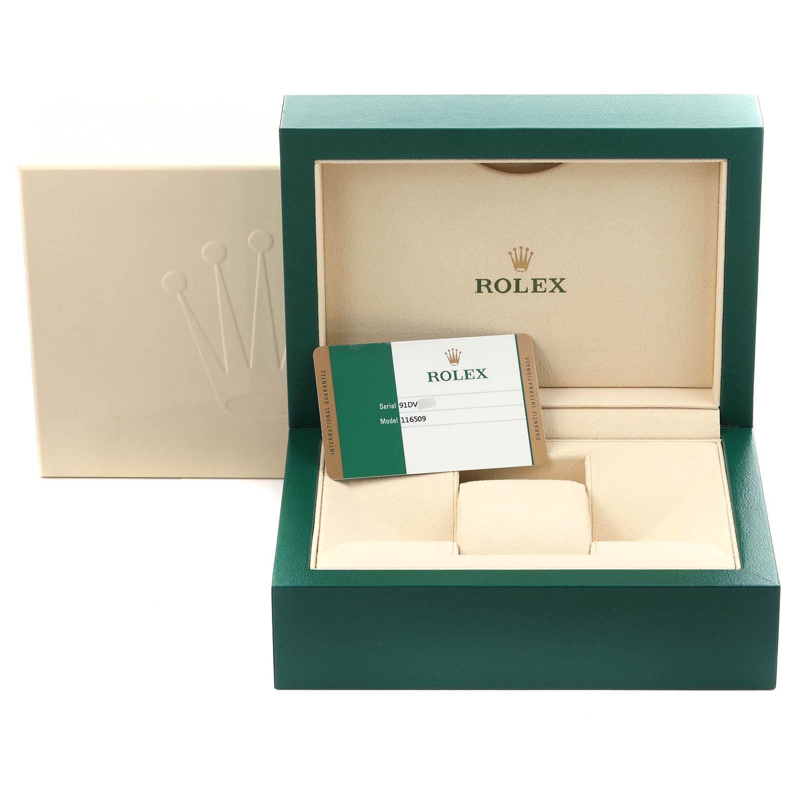 The image shows a Rolex Daytona 116509 Men
s White Gold Grey Dial 116509 Men
s White Gold Grey Dial watch box with an open lid and an Best Quality
ation card, viewed from the front.