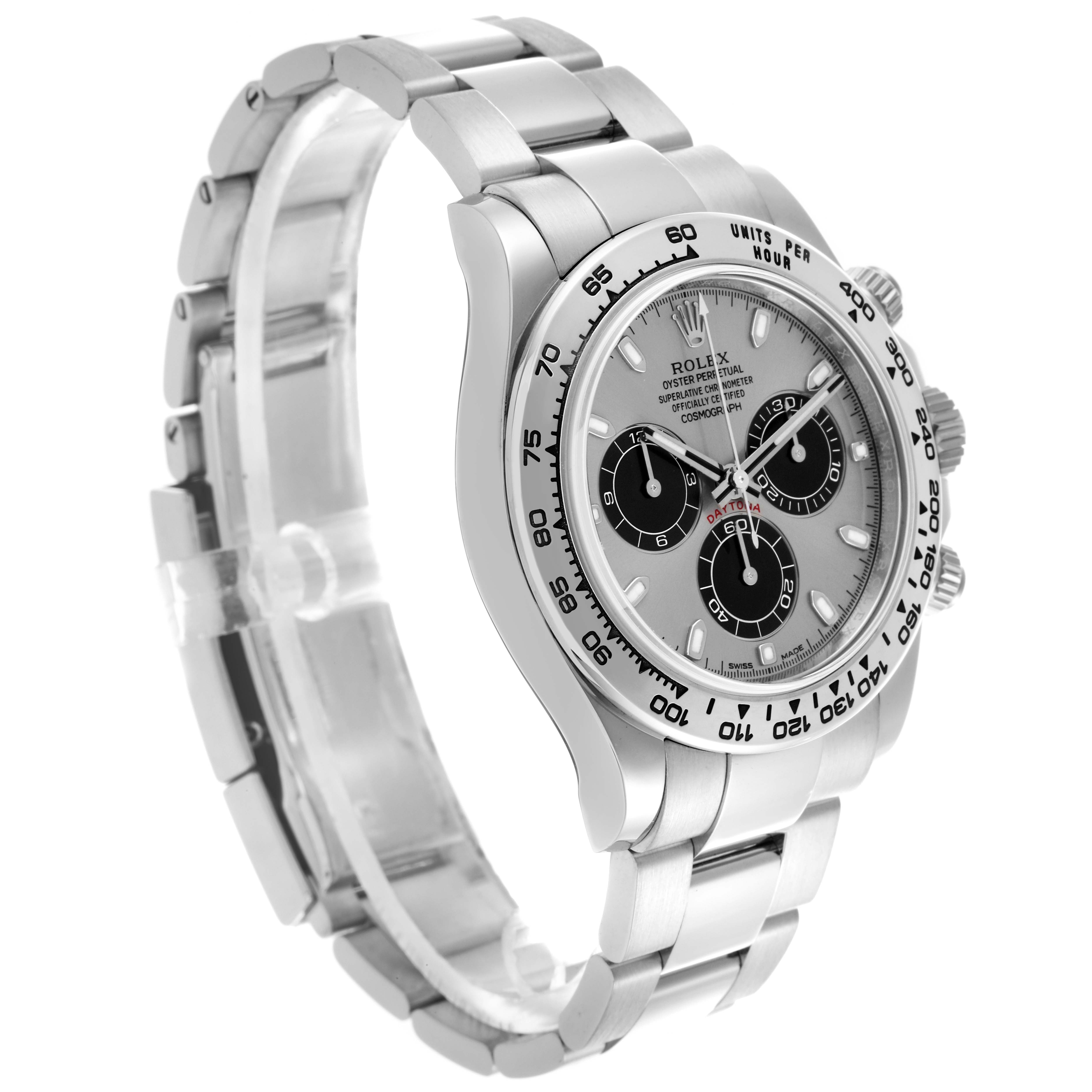 The Rolex Daytona 116509 Men
s White Gold Grey Dial 116509 Men
s White Gold Grey Dial is shown at a three-quarter angle, showcasing its face, bezel, and bracelet.