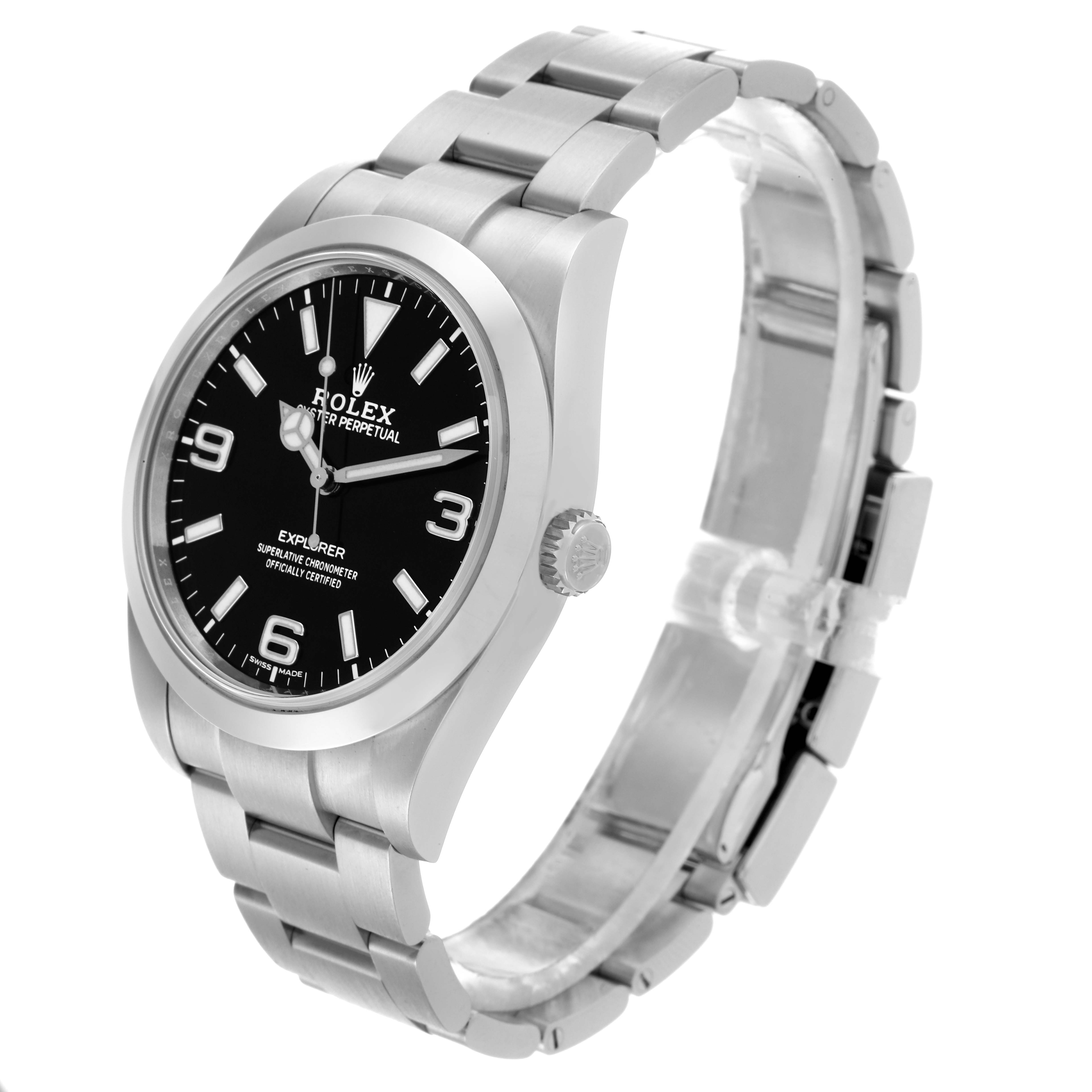 The Rolex Explorer 214270 Men
s Stainless Steel Black Dial 214270 Men
s Stainless Steel Black Dial watch is shown at a 3/4 angle, highlighting the face, bezel, crown, and metal bracelet.