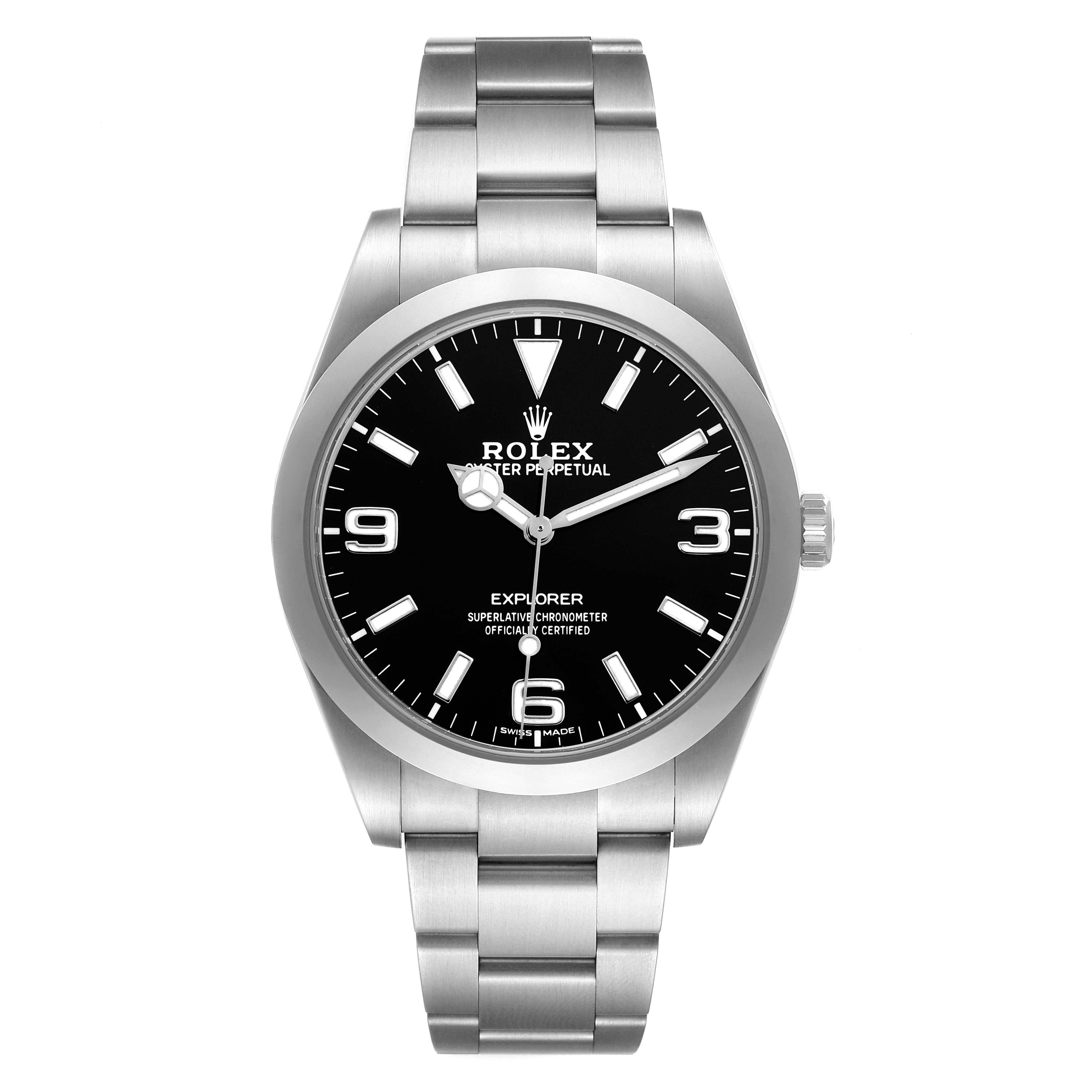 The Rolex Explorer 214270 Men
s Stainless Steel Black Dial 214270 Men
s Stainless Steel Black Dial model is shown from a front angle, displaying the full watch face, bezel, and bracelet.