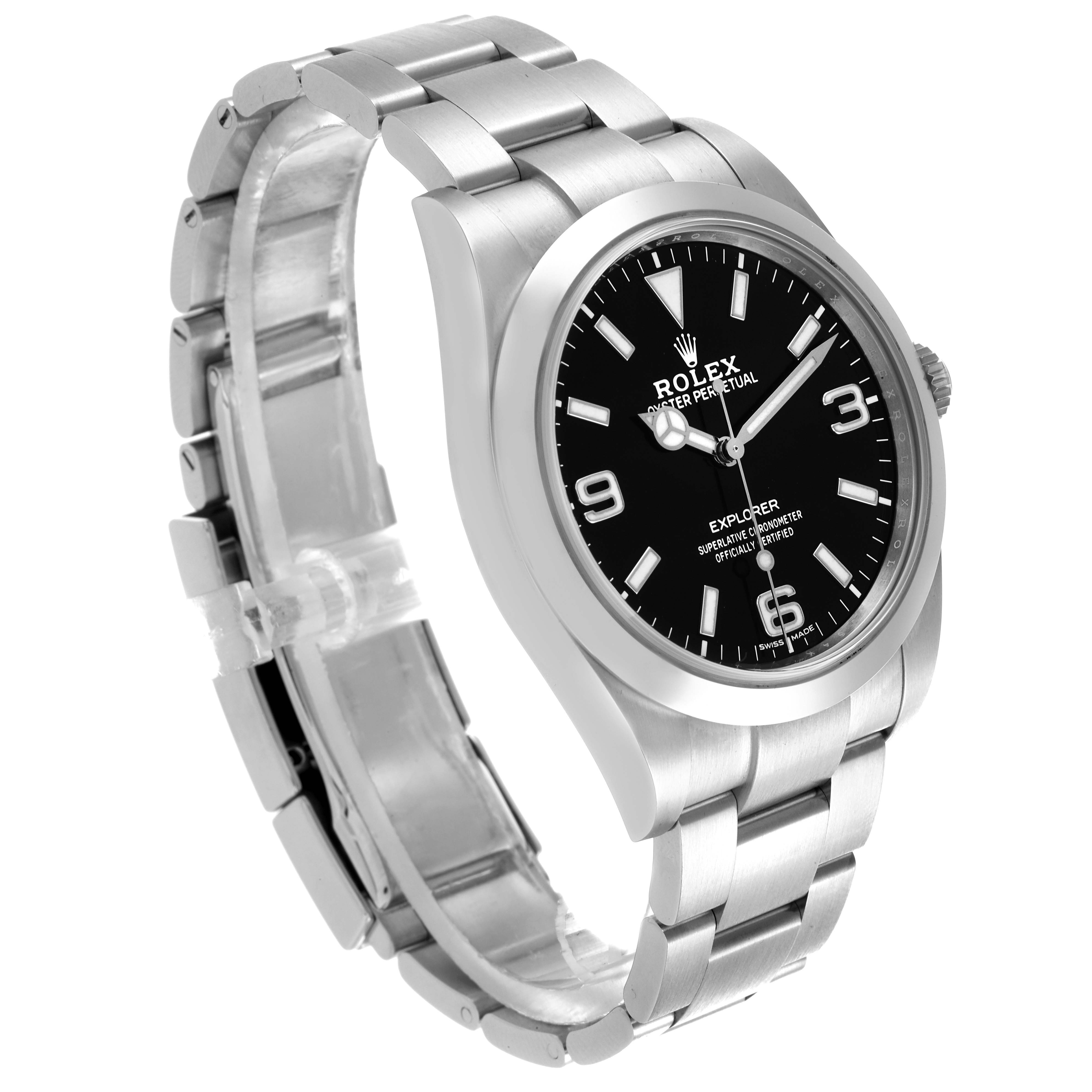 The Rolex Explorer 214270 Men
s Stainless Steel Black Dial 214270 Men
s Stainless Steel Black Dial watch is shown at a three-quarter angle highlighting the face and bracelet.