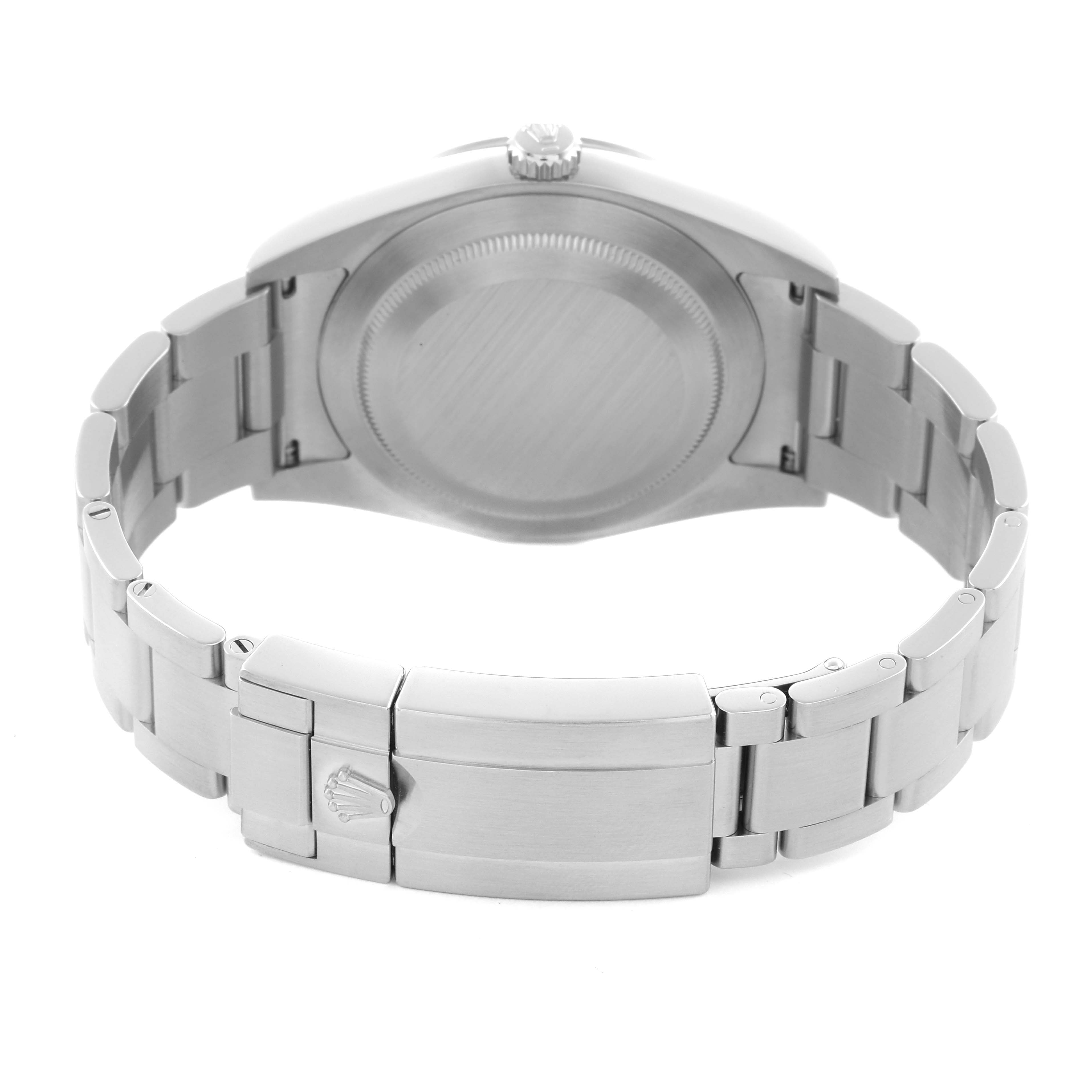 The Rolex Explorer 214270 Men
s Stainless Steel Black Dial 214270 Men
s Stainless Steel Black Dial watch is shown from the back, highlighting the case back, bracelet, and clasp.