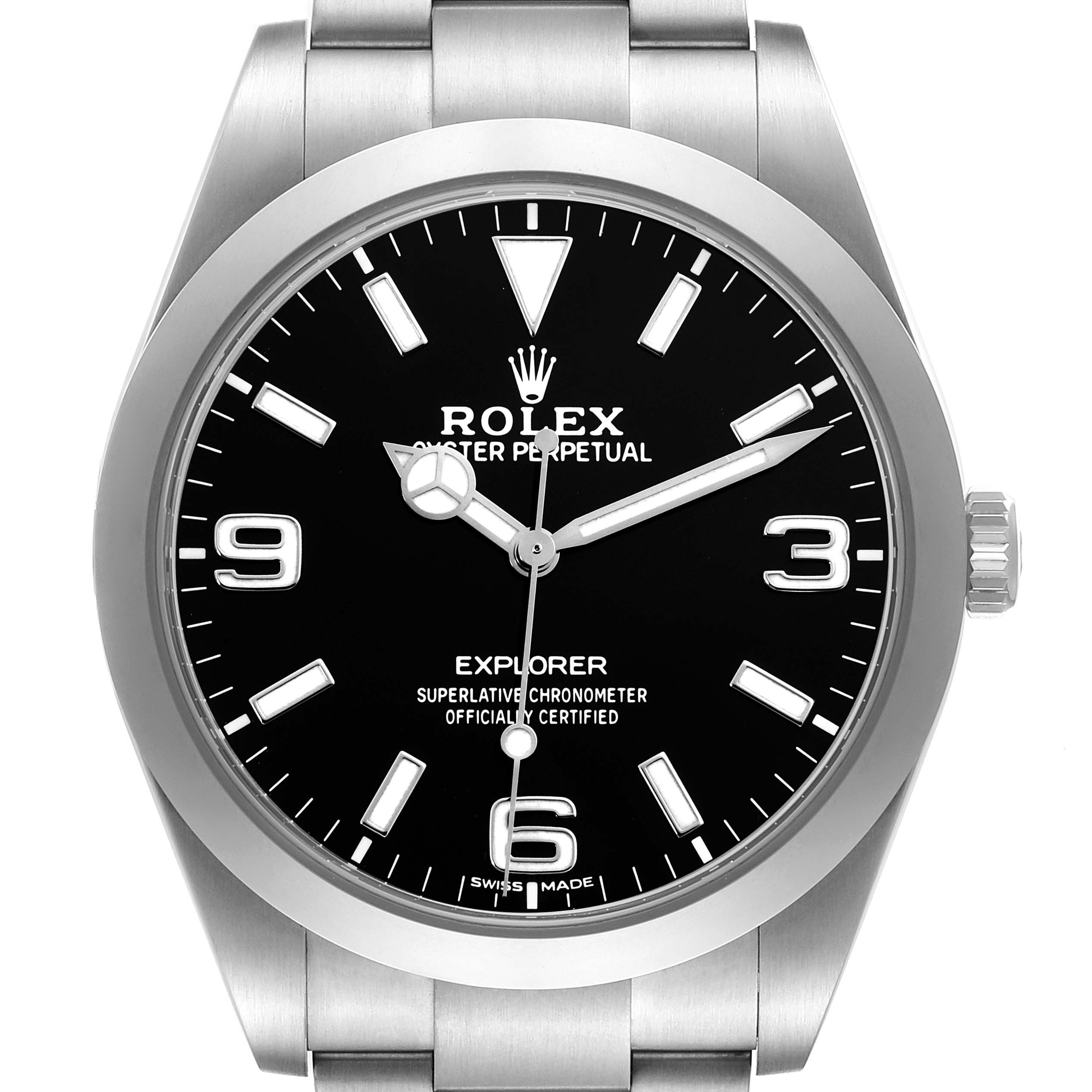 The image shows a frontal view of the Rolex Explorer 214270 Men
s Stainless Steel Black Dial 214270 Men
s Stainless Steel Black Dial watch, highlighting its dial and bezel.
