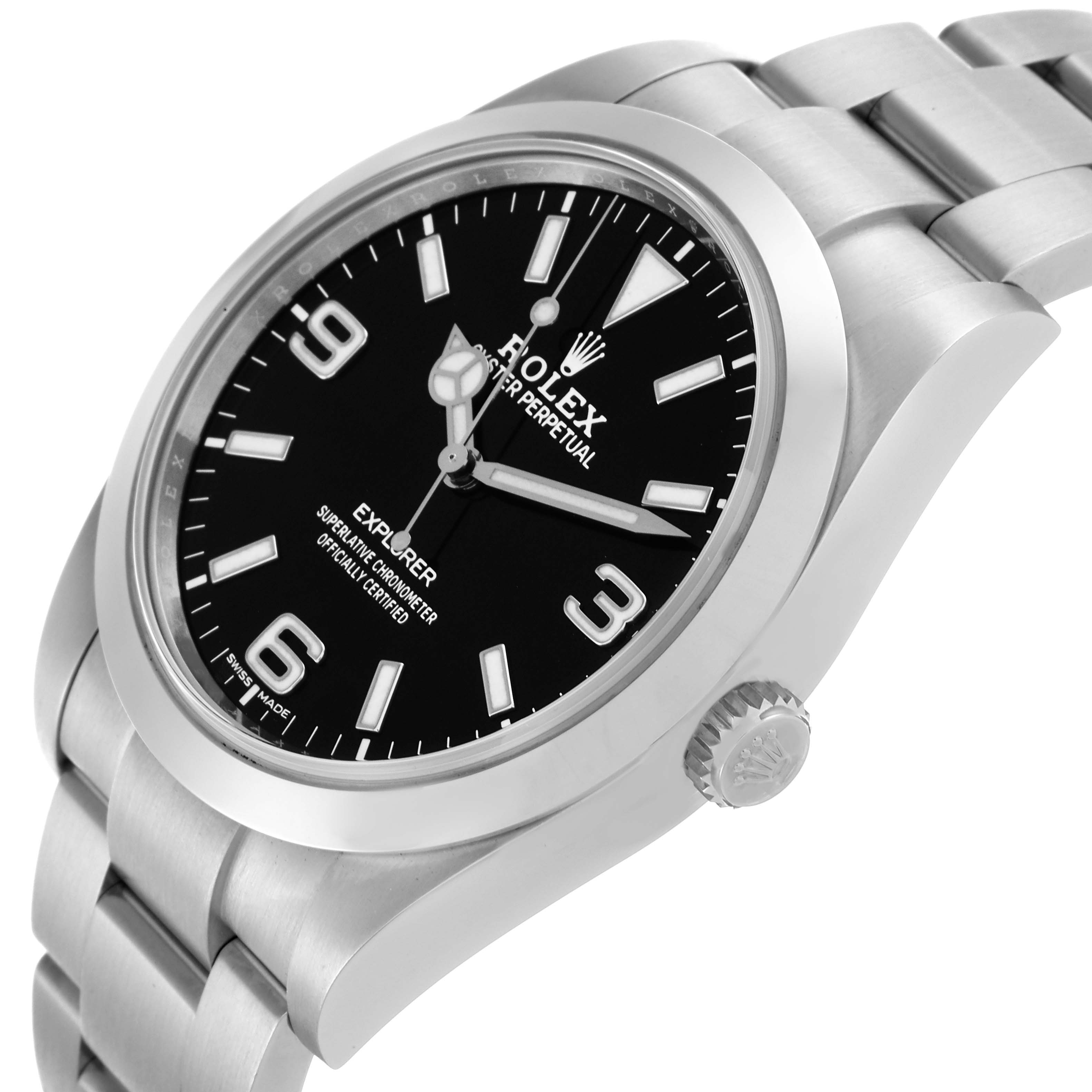 The image shows a Rolex Explorer 214270 Men
s Stainless Steel Black Dial 214270 Men
s Stainless Steel Black Dial watch from a side angle, highlighting the dial, bezel, crown, and part of the bracelet.