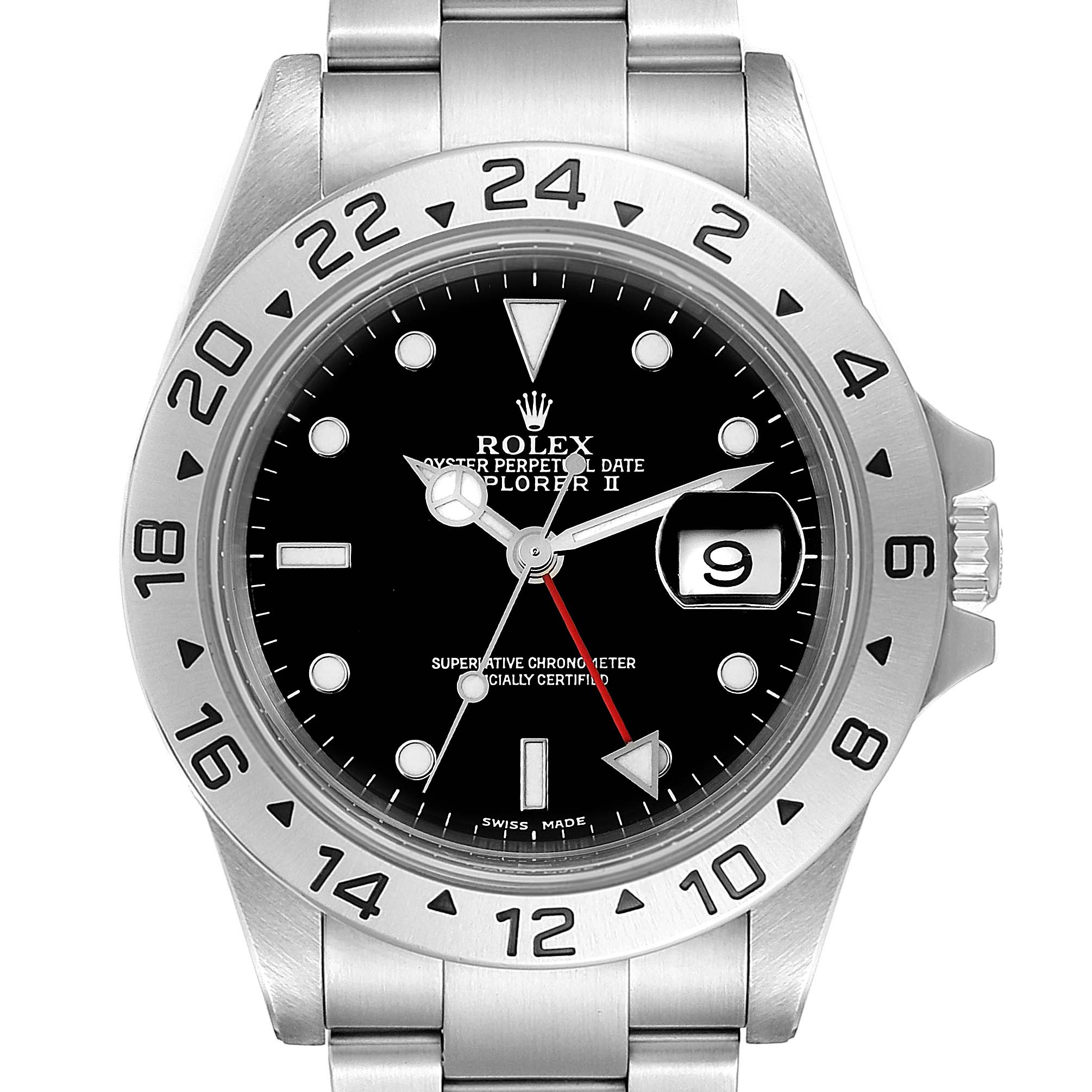 The image shows a front view of the Rolex Explorer 16570 Men
s Stainless Steel Black Dial 16570 Men
s Stainless Steel Black Dial watch, highlighting its dial, bezel, crown, and bracelet.