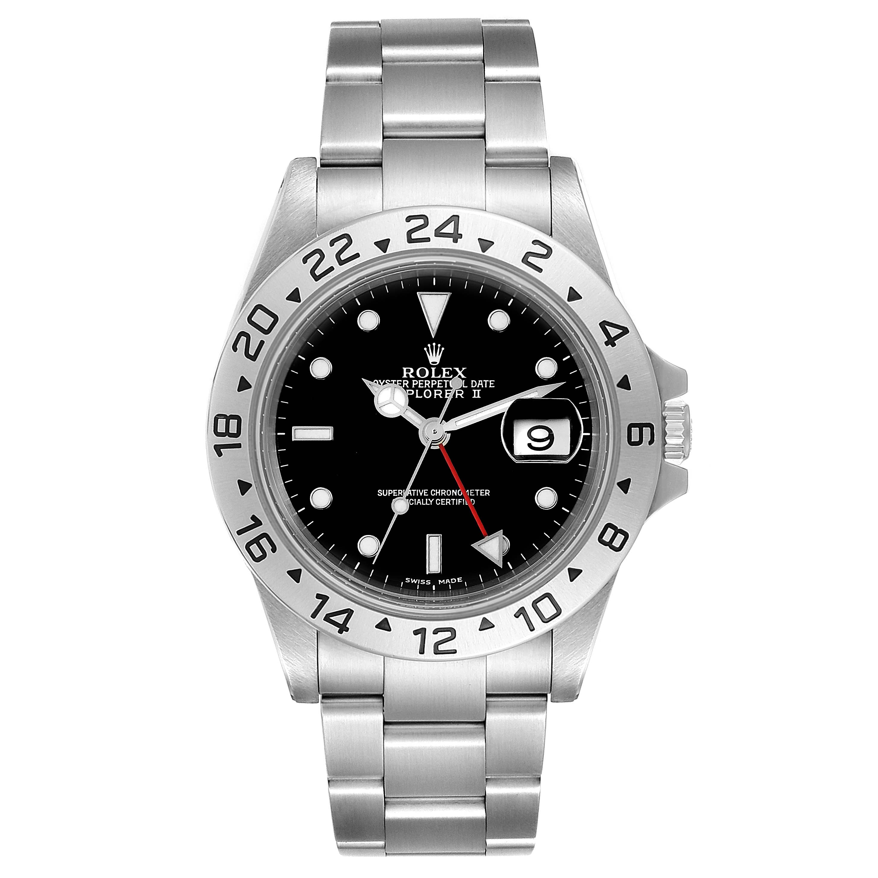 The image shows a front view of a Rolex Explorer 16570 Men
s Stainless Steel Black Dial 16570 Men
s Stainless Steel Black Dial watch with a date display and a stainless steel bracelet.