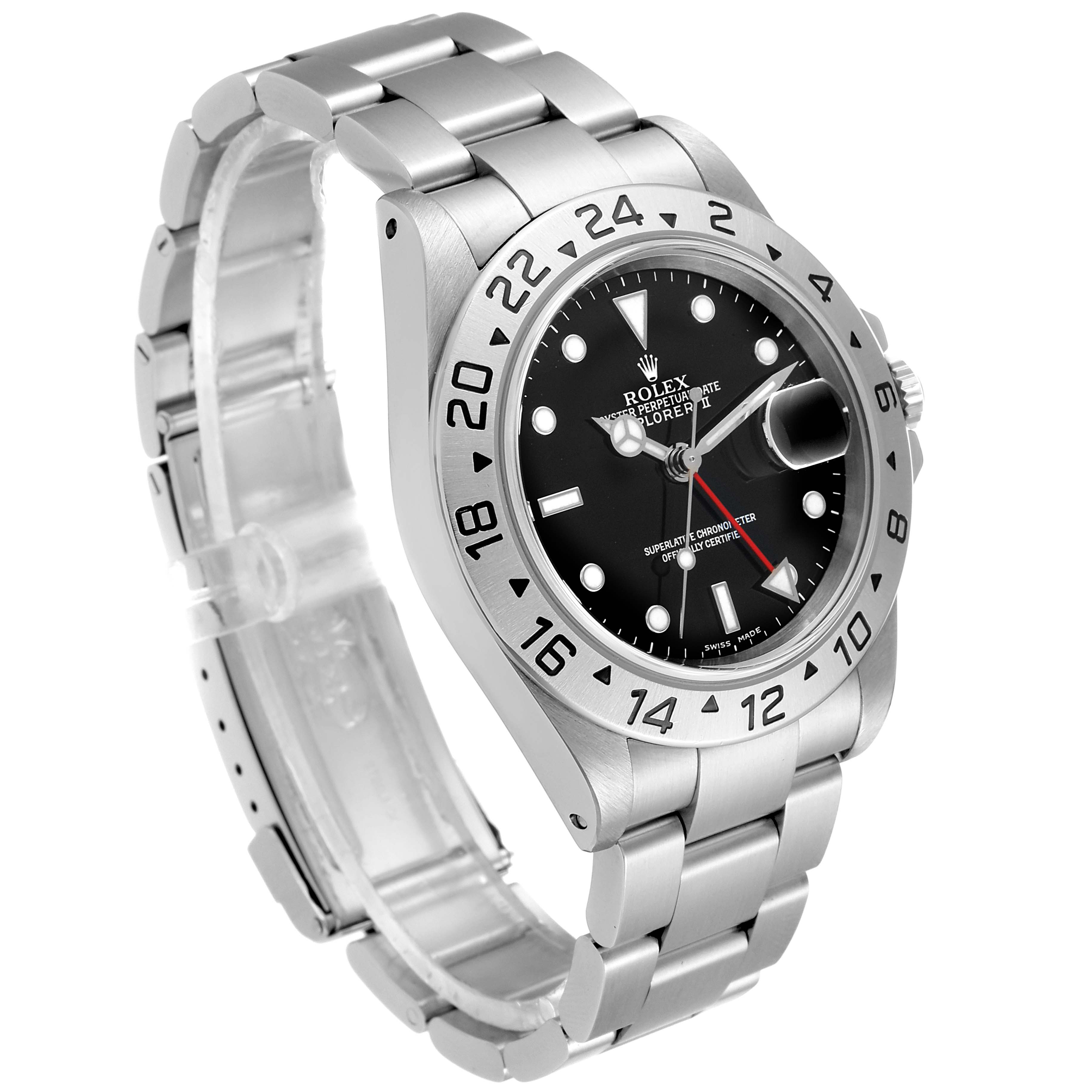 This image shows a Rolex Explorer 16570 Men
s Stainless Steel Black Dial 16570 Men
s Stainless Steel Black Dial watch at an angle that displays its face, bezel, and bracelet.