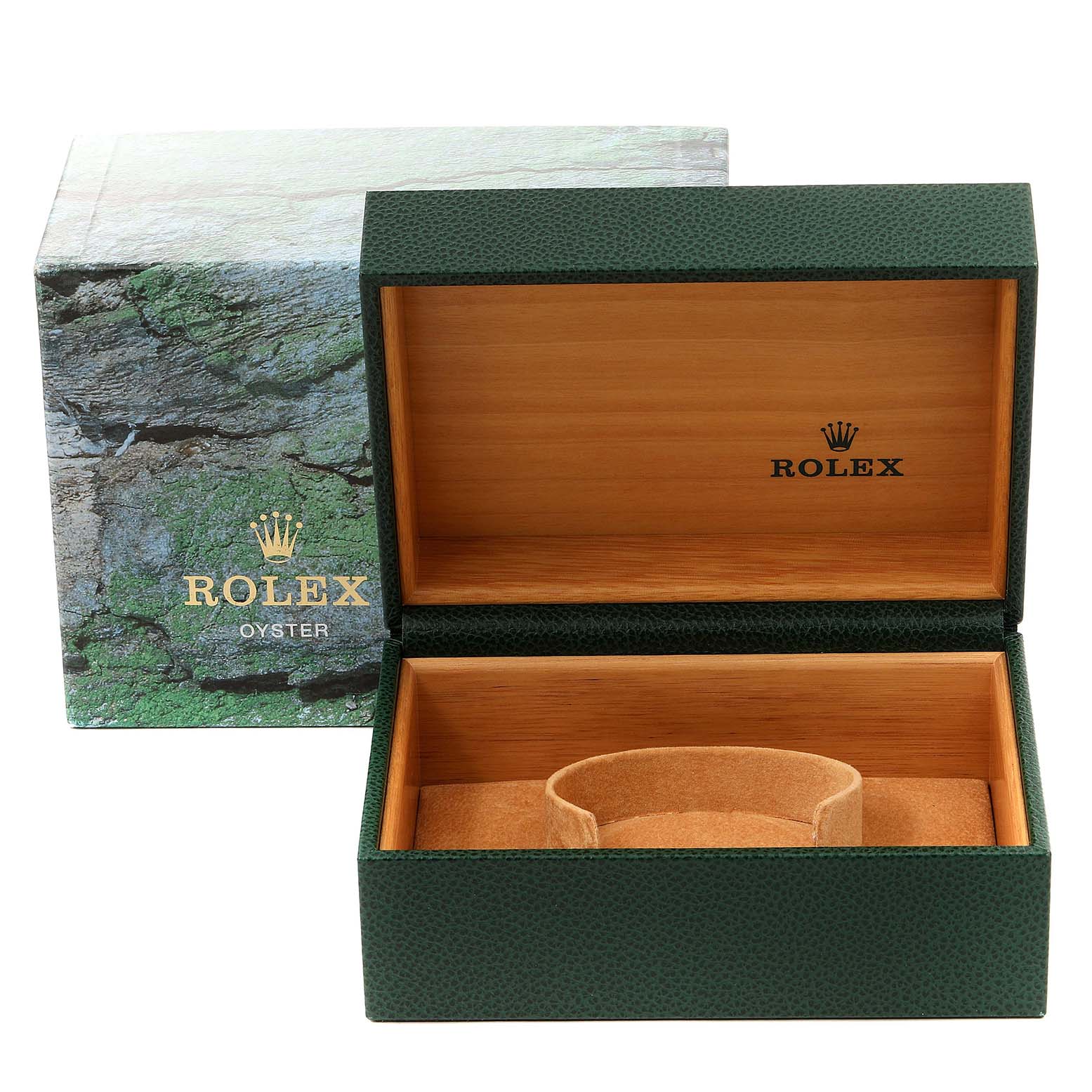 This image shows an open Rolex Explorer 16570 Men
s Stainless Steel Black Dial 16570 Men
s Stainless Steel Black Dial watch box, displaying the inner wooden lining and cushion for the watch.