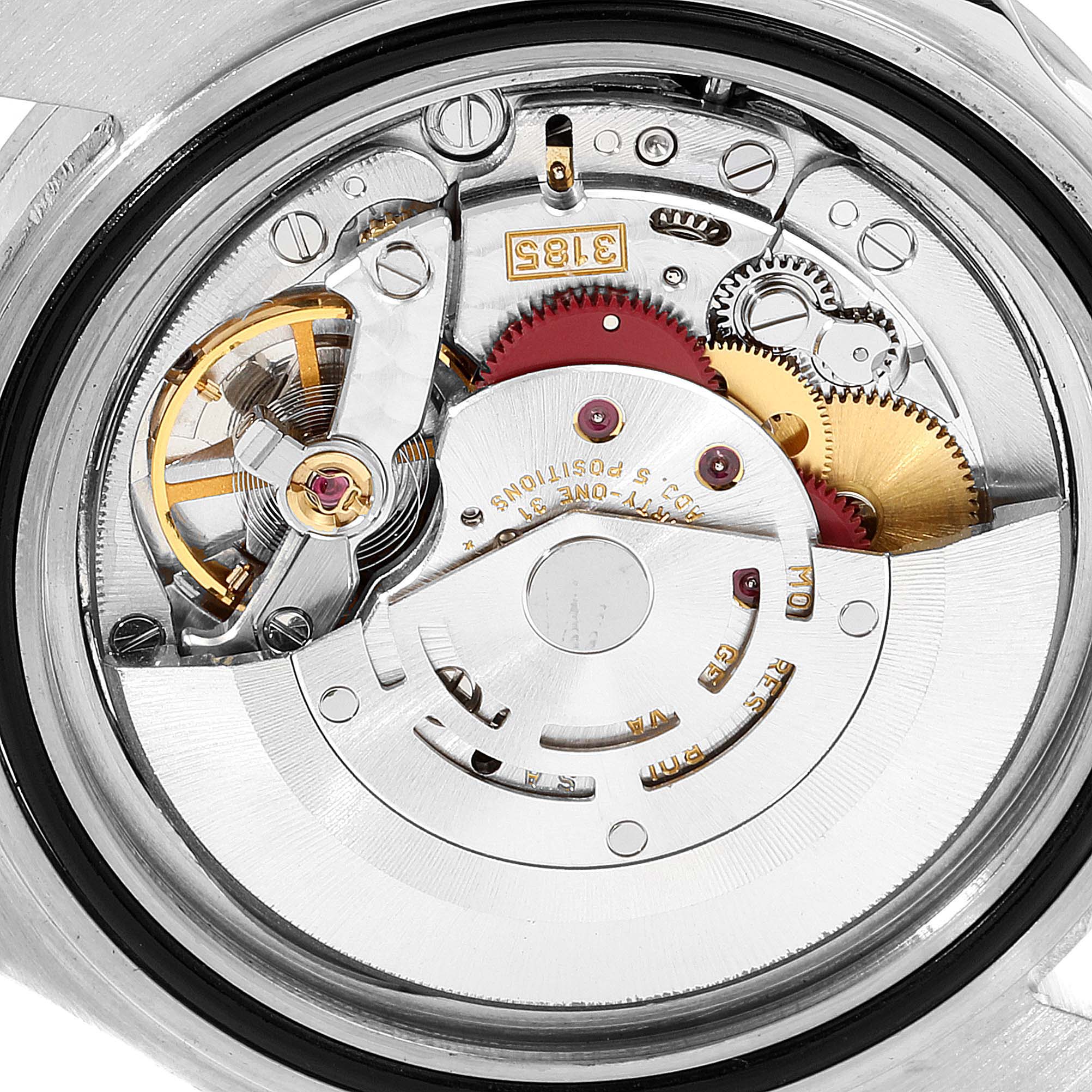 This image shows the intricate internal mechanism of a Rolex Explorer 16570 Men
s Stainless Steel Black Dial 16570 Men
s Stainless Steel Black Dial watch from a rear angle.