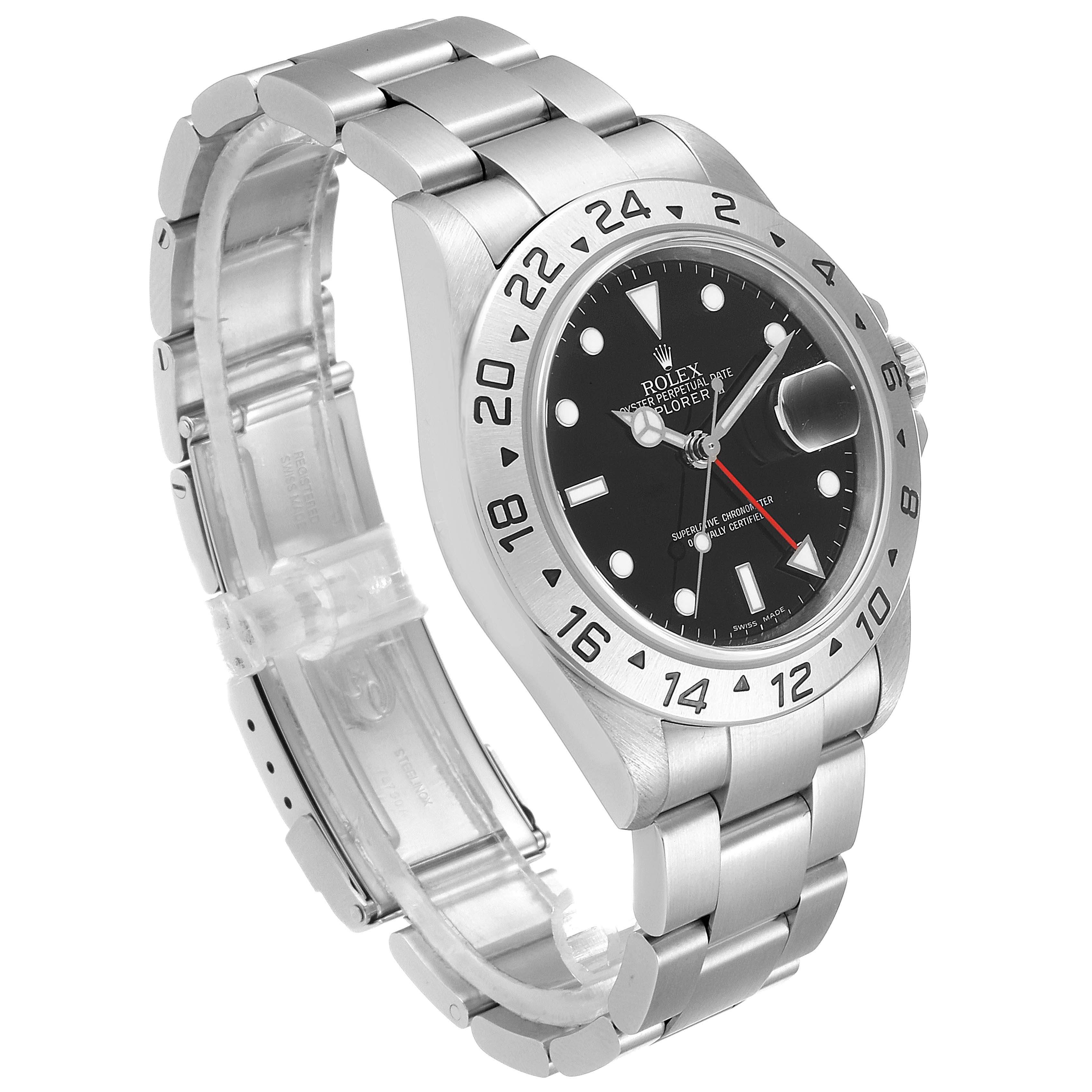 The image shows a Rolex Explorer 16570 Men
s Stainless Steel Black Dial 16570 Men
s Stainless Steel Black Dial model watch from an angled side view, displaying its bracelet, bezel, and dial.