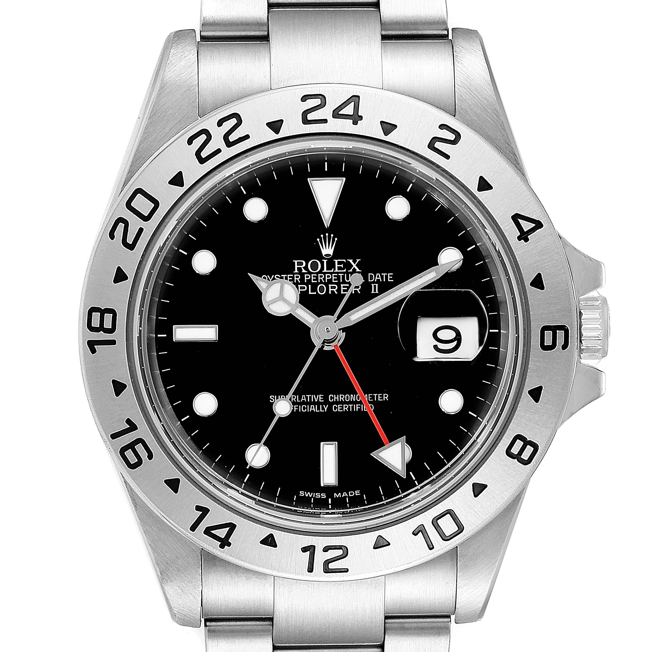 The image shows a Rolex Explorer 16570 Men
s Stainless Steel Black Dial 16570 Men
s Stainless Steel Black Dial watch front view, displaying its dial, hands, bracelet, bezel, and date window.