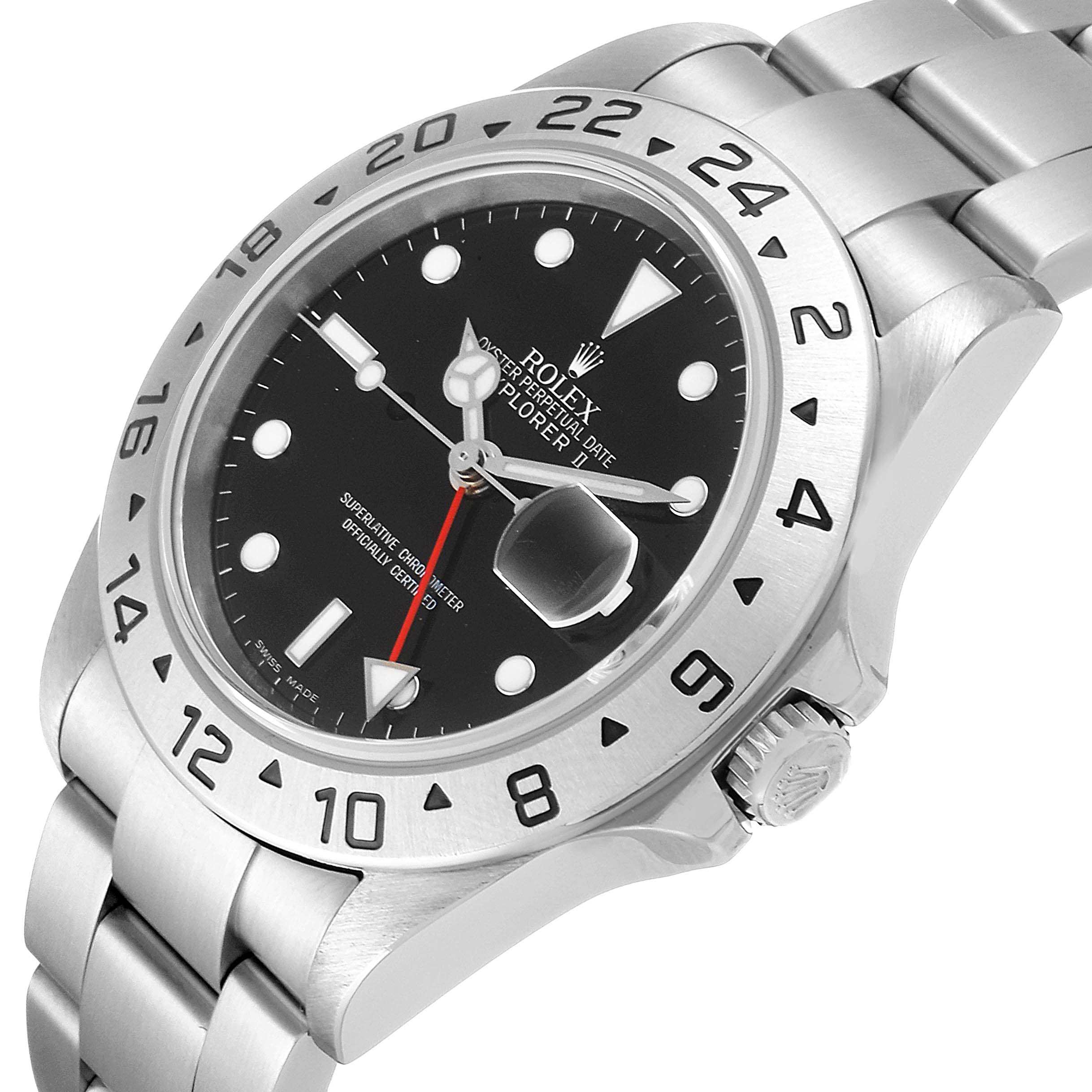 The image shows a side angle of a Rolex Explorer 16570 Men
s Stainless Steel Black Dial 16570 Men
s Stainless Steel Black Dial watch, detailing its black dial, bezel, crown, and part of its metal bracelet.