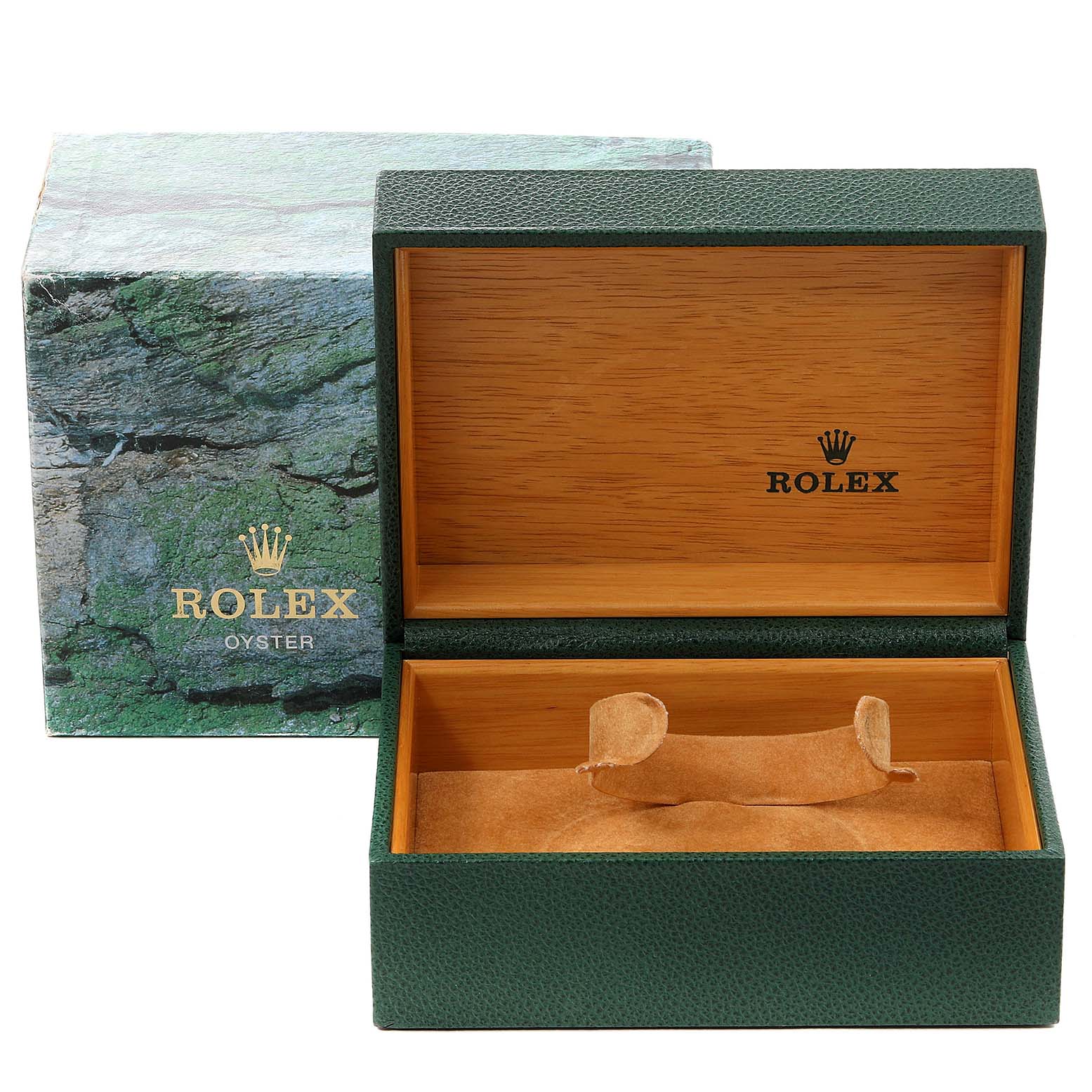The image shows a Rolex Explorer 16570 Men
s Stainless Steel Black Dial 16570 Men
s Stainless Steel Black Dial model watch box with green exterior, wooden interior, and a separate outer box.