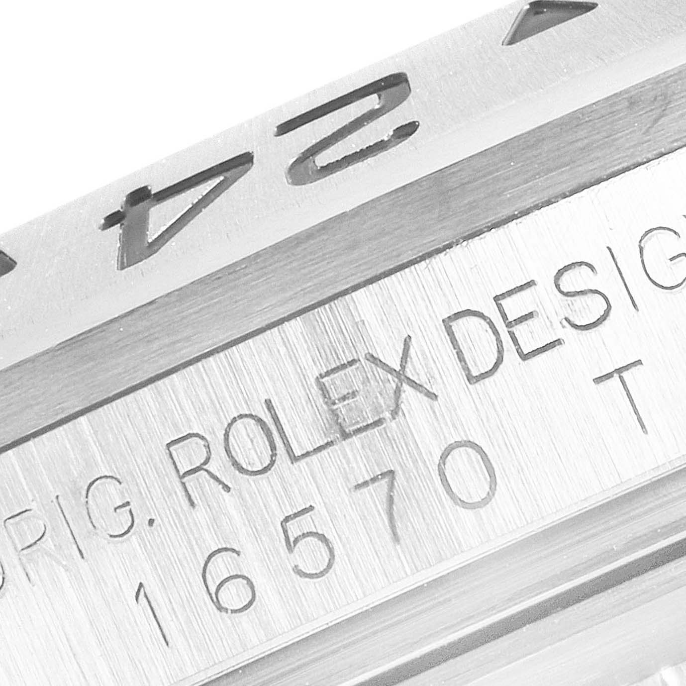 Close-up of the side engraving on a Rolex Explorer 16570 Men
s Stainless Steel Black Dial 16570 Men
s Stainless Steel Black Dial watch, showing the model number and brand.