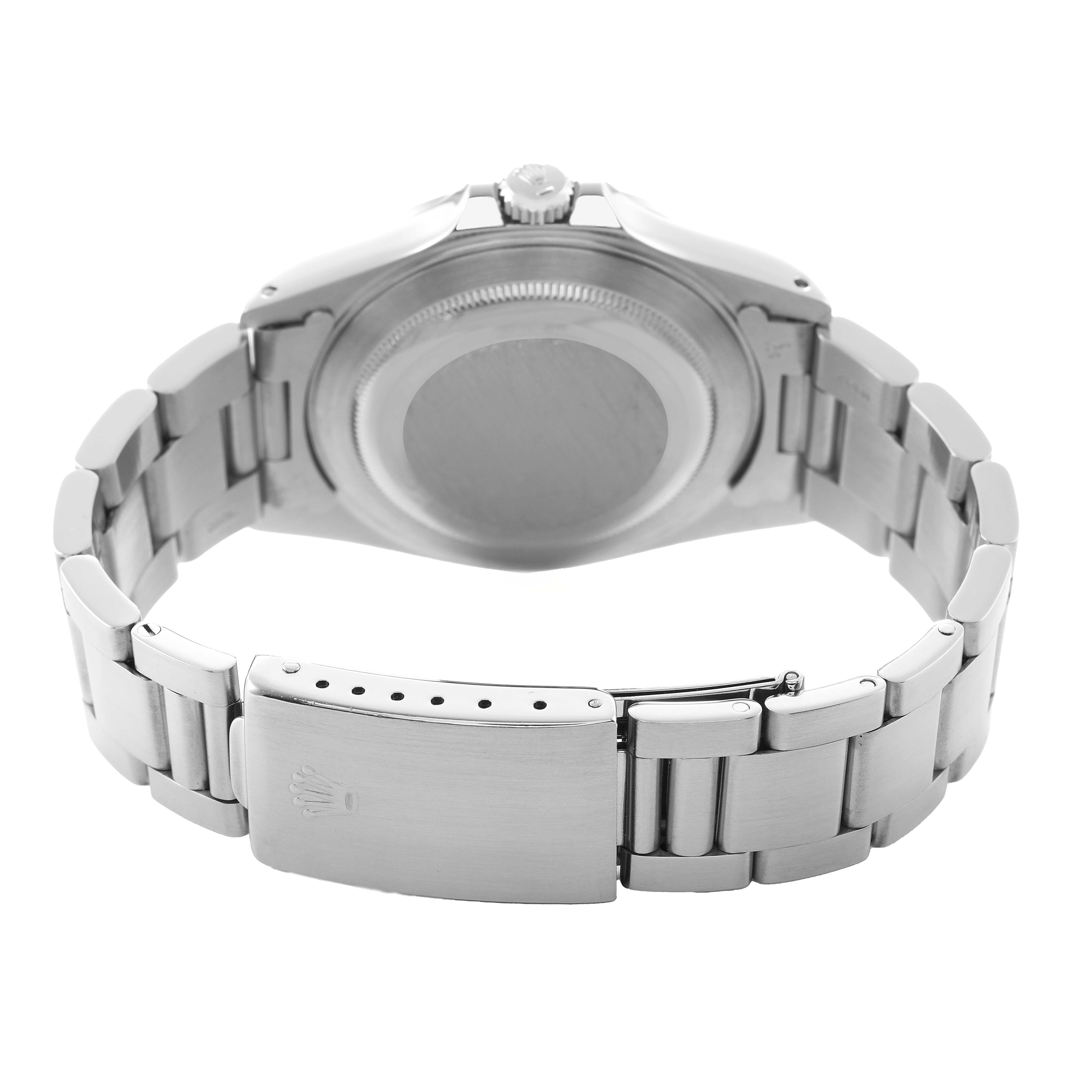 The image shows the back view of a Rolex Explorer 16570 Men's Stainless Steel White Dial, highlighting the case back, bracelet, and clasp.