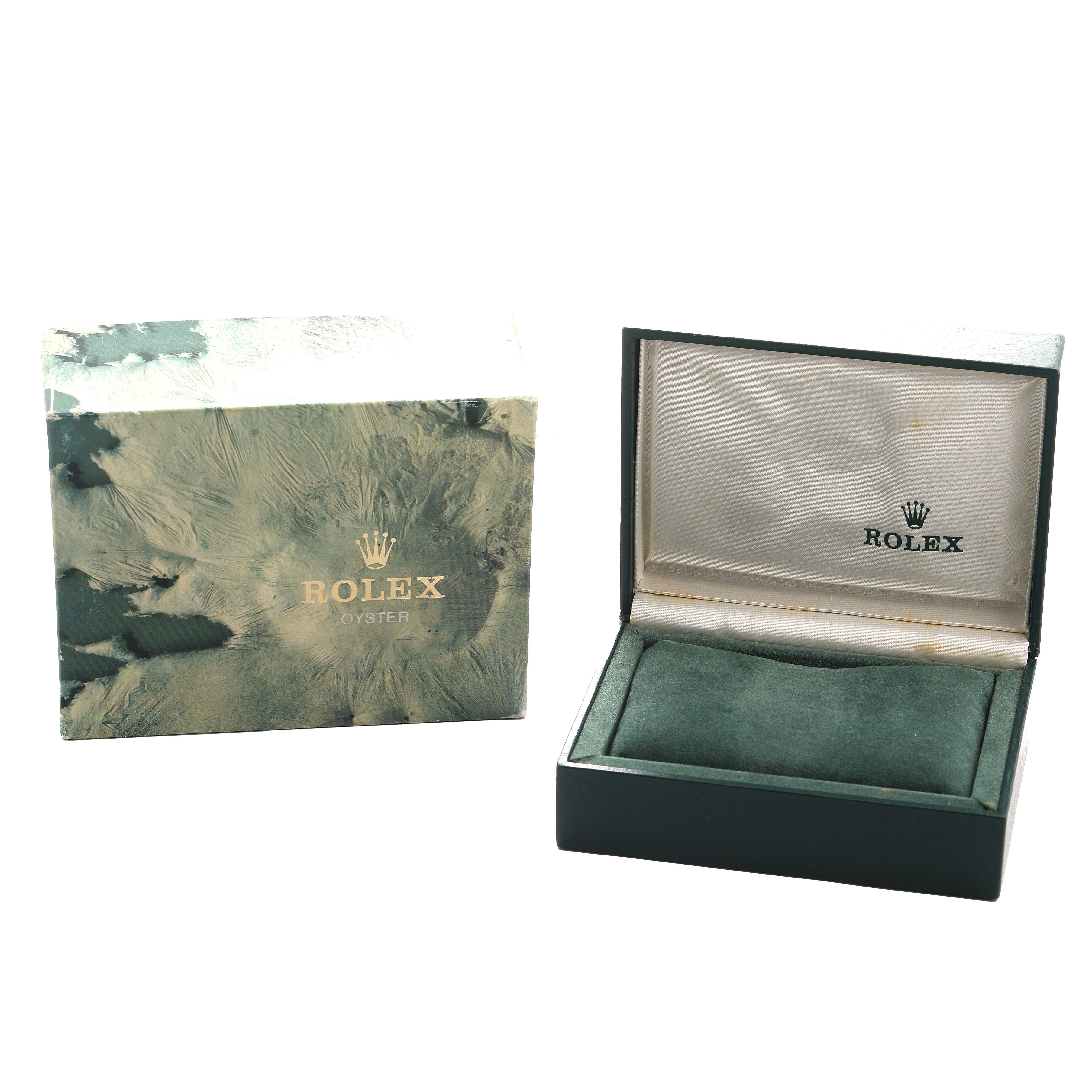 The image shows the packaging and inner box for a Rolex Explorer 16570 Men's Stainless Steel White Dial watch, with the lid open displaying the interior cushioning.