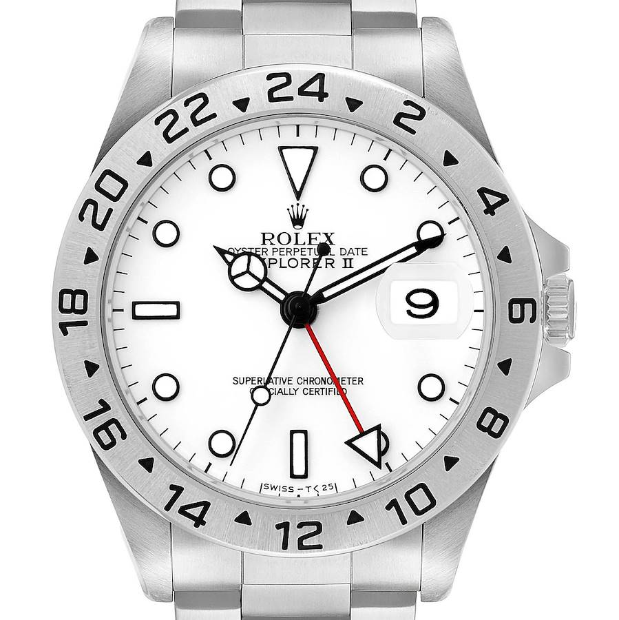 The Rolex Explorer 16570 Men's Stainless Steel White Dial II watch is shown from the front, highlighting the dial, bezel, and bracelet strap.