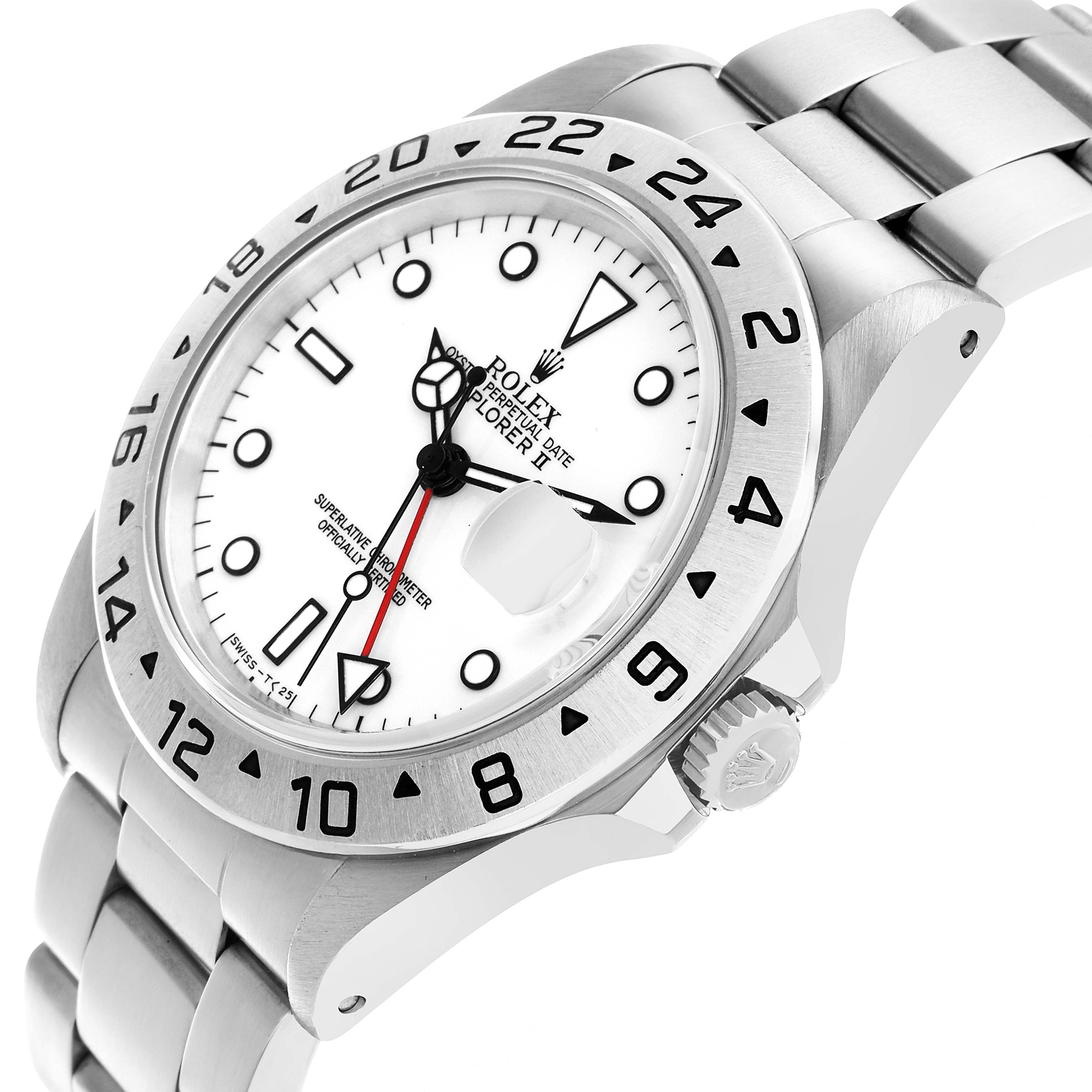 The Rolex Explorer 16570 Men's Stainless Steel White Dial model is shown at a tilted angle, displaying the bezel, dial, crown, and part of the bracelet clearly.