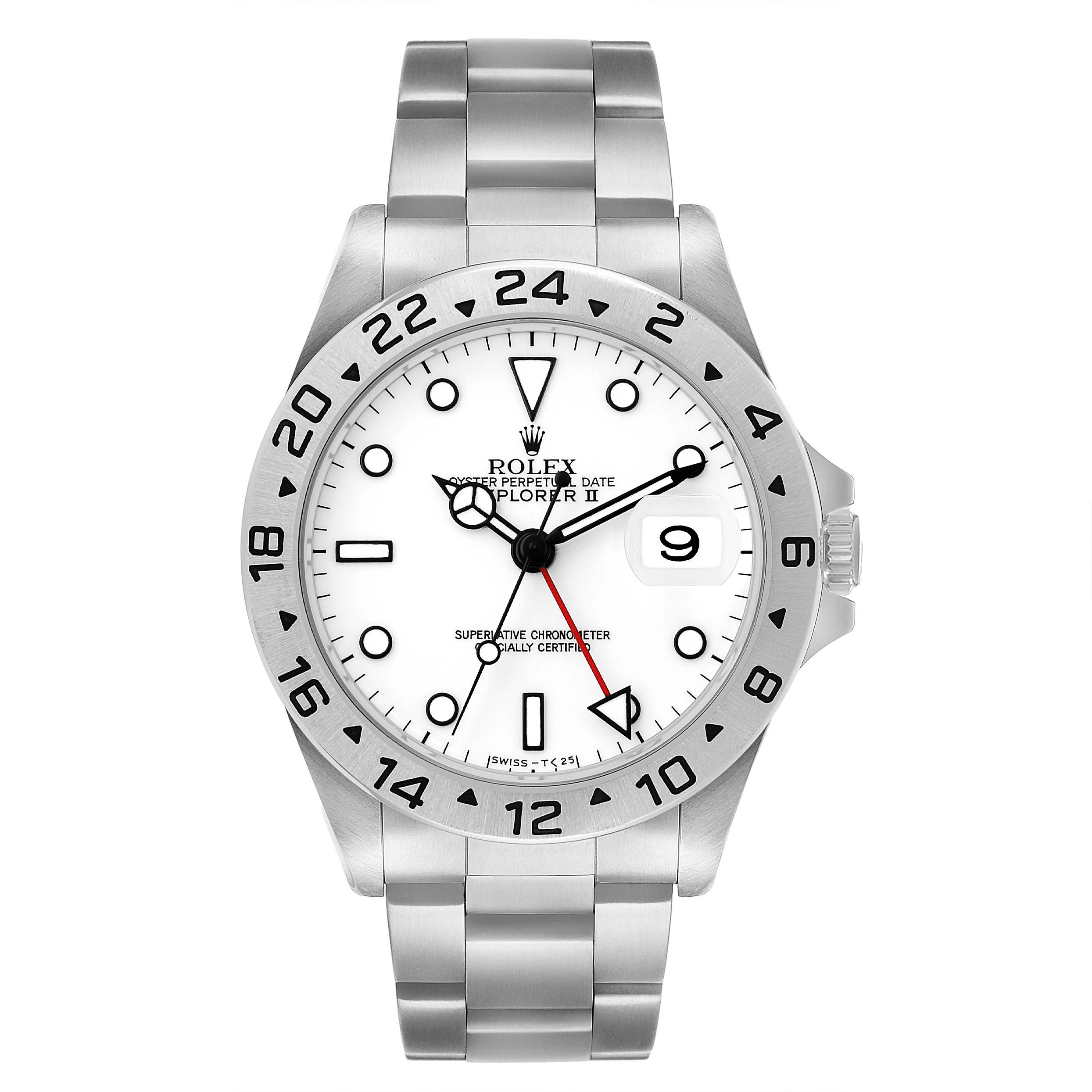 The Rolex Explorer 16570 Men's Stainless Steel White Dial model is shown from a front view, highlighting the dial, bezel, hands, and bracelet.