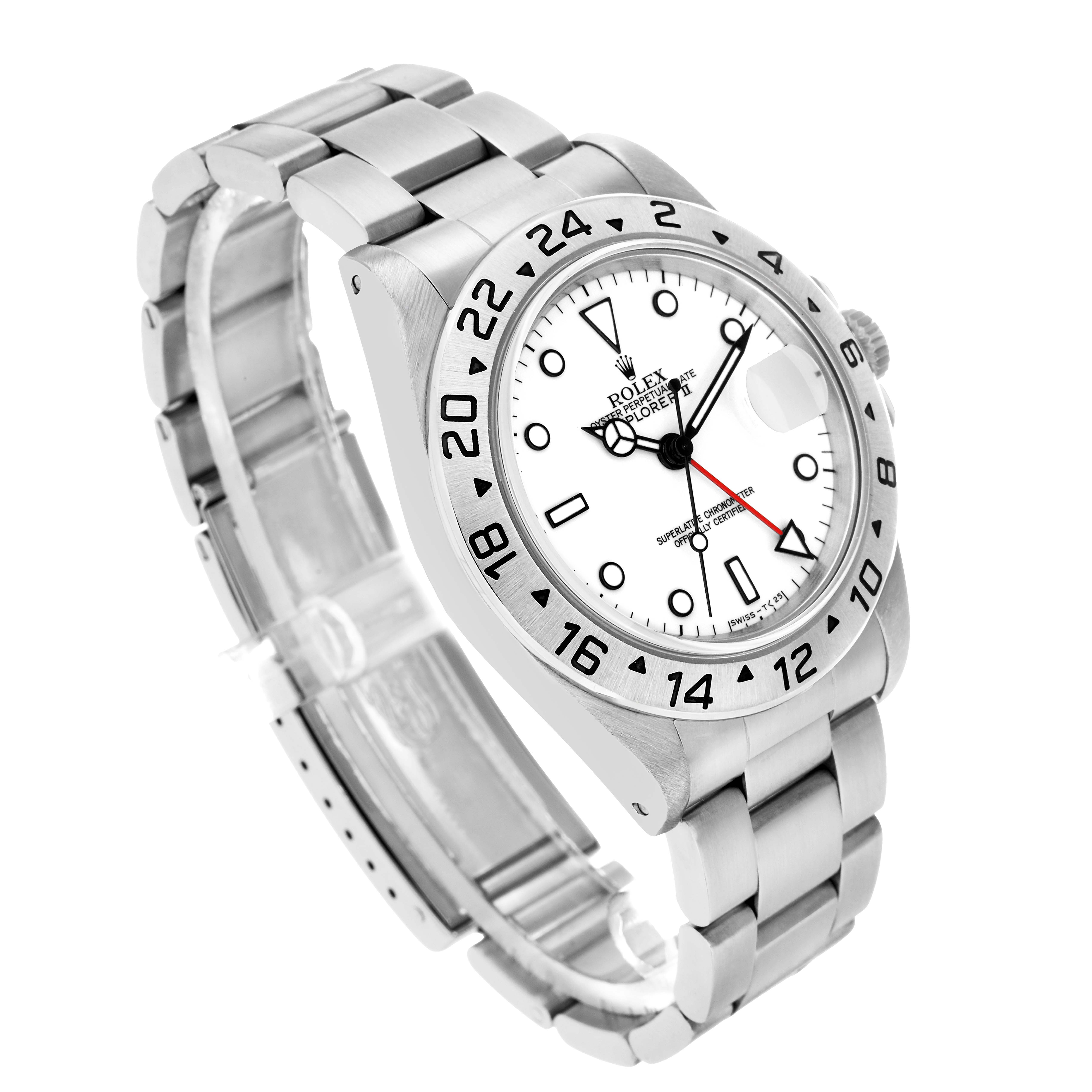 The Rolex Explorer 16570 Men's Stainless Steel White Dial model is shown at a three-quarter angle, highlighting the dial, bezel, and bracelet.