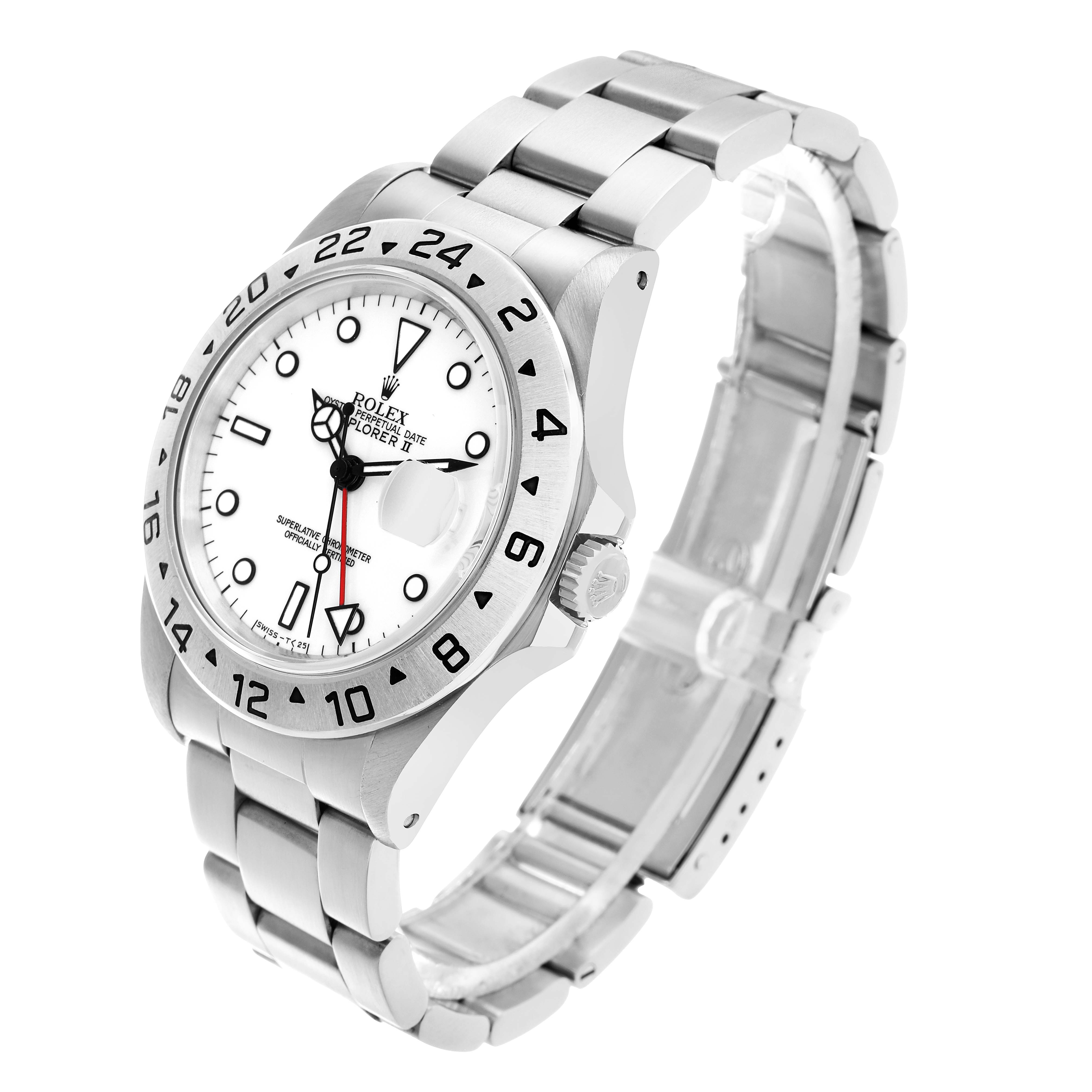 The Rolex Explorer 16570 Men's Stainless Steel White Dial watch is shown at an angle displaying the face, bezel, case, crown, and bracelet links.