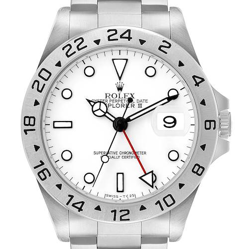 The Rolex Explorer 16570 Men's Stainless Steel White Dial II watch is shown from the front, highlighting the bezel, dial, hands, and date window.