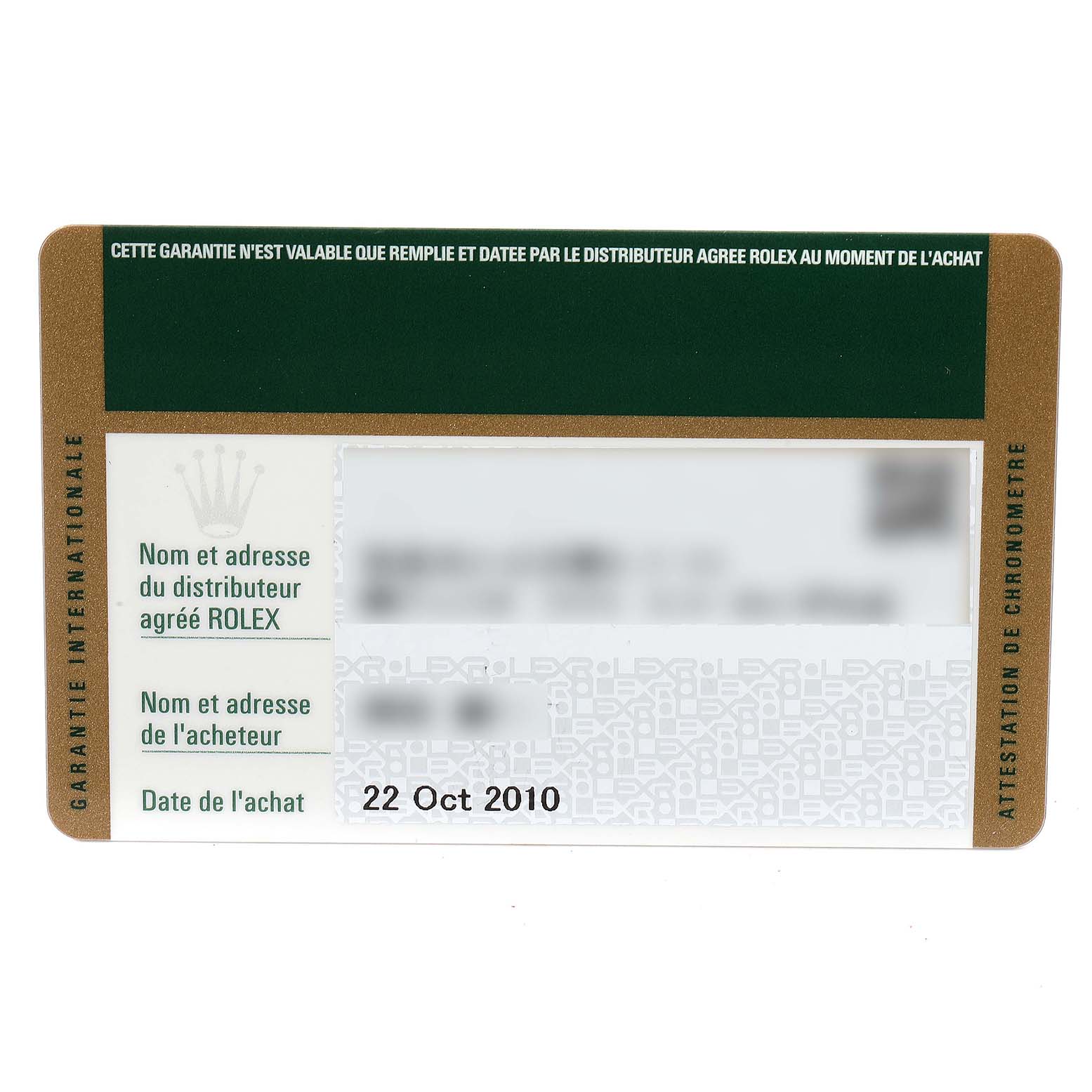 The image shows a warranty card for the Rolex GMT-Master 116710 Men
s Stainless Steel Black Dial 116710 Men
s Stainless Steel Black Dial, displaying dealer and buyer information along with the purchase date.