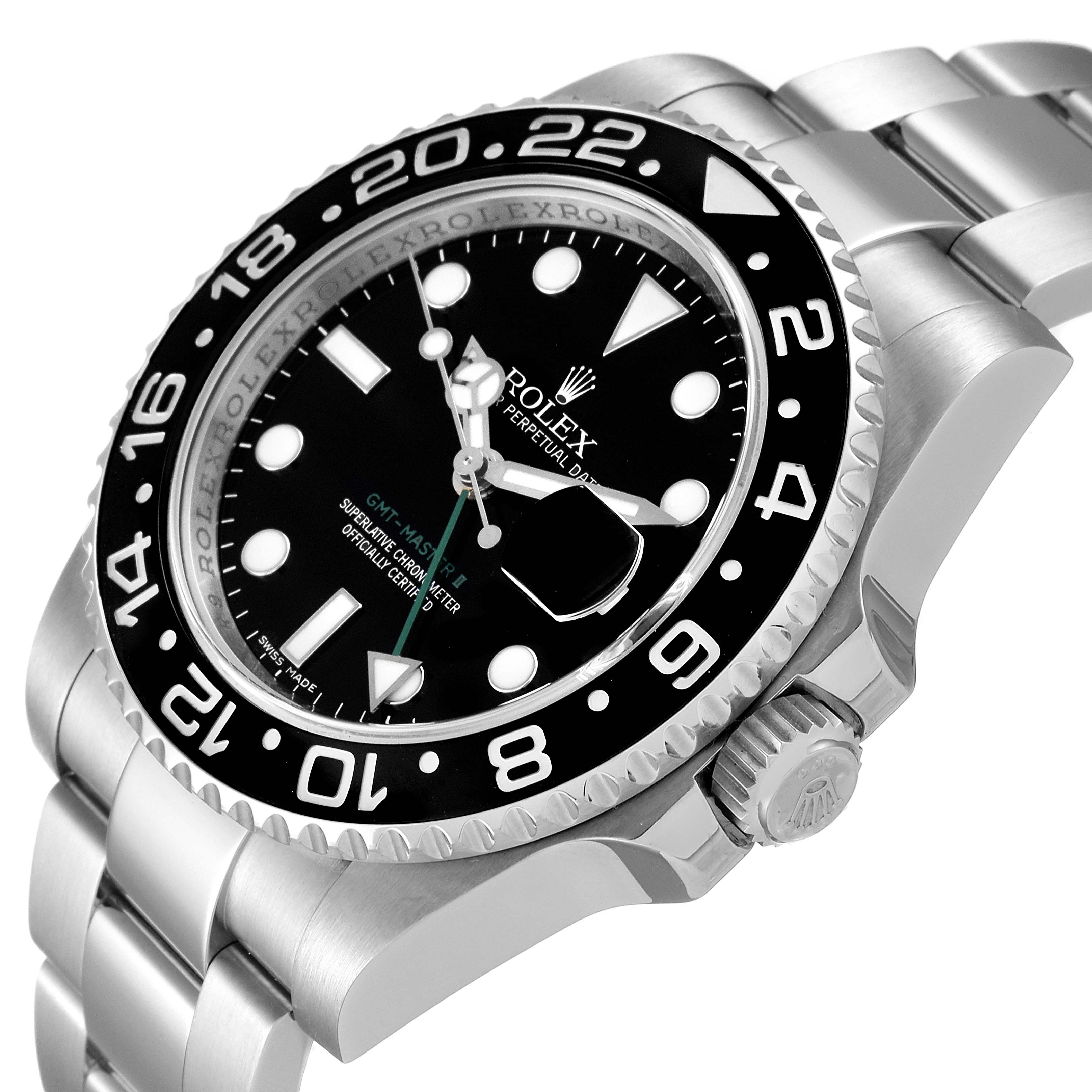 This image shows a close-up view of the Rolex GMT-Master 116710 Men
s Stainless Steel Black Dial 116710 Men
s Stainless Steel Black Dial II watch face and part of the bracelet at an angle.