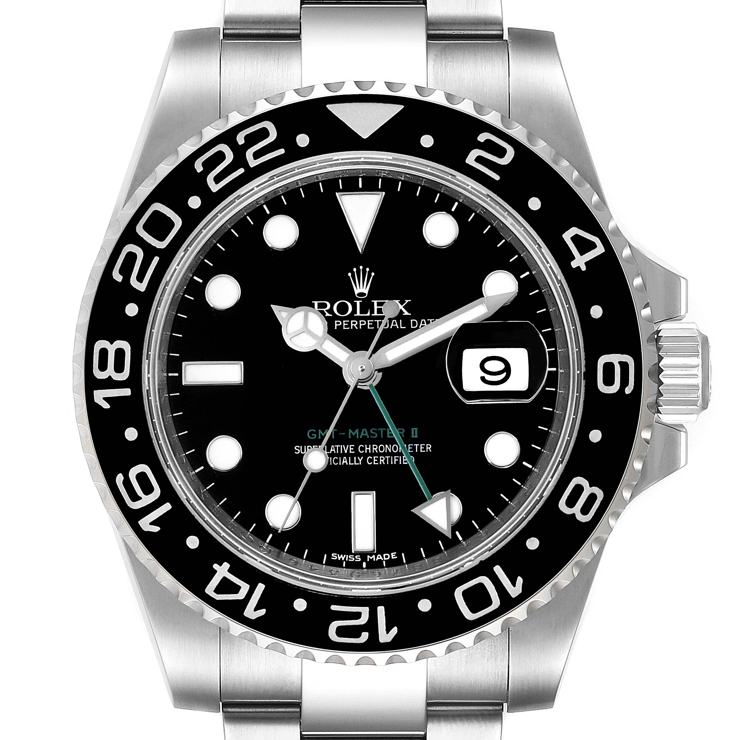 The image shows a front view of a Rolex GMT-Master 116710 Men
s Stainless Steel Black Dial 116710 Men
s Stainless Steel Black Dial II watch, highlighting the bezel, dial, hands, and date window.