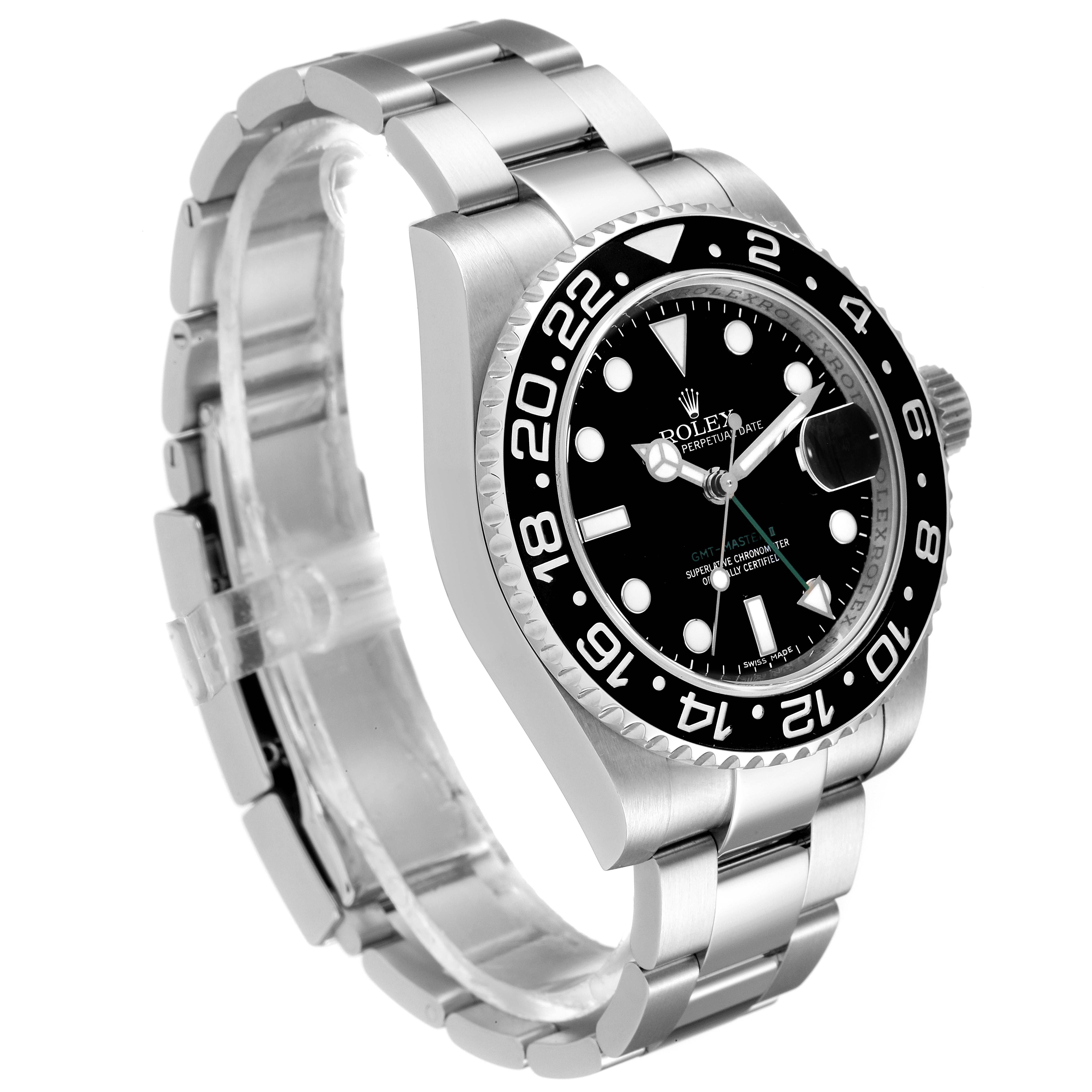 The Rolex GMT-Master 116710 Men
s Stainless Steel Black Dial 116710 Men
s Stainless Steel Black Dial watch is shown at a three-quarter angle, displaying its face, bezel, and bracelet.