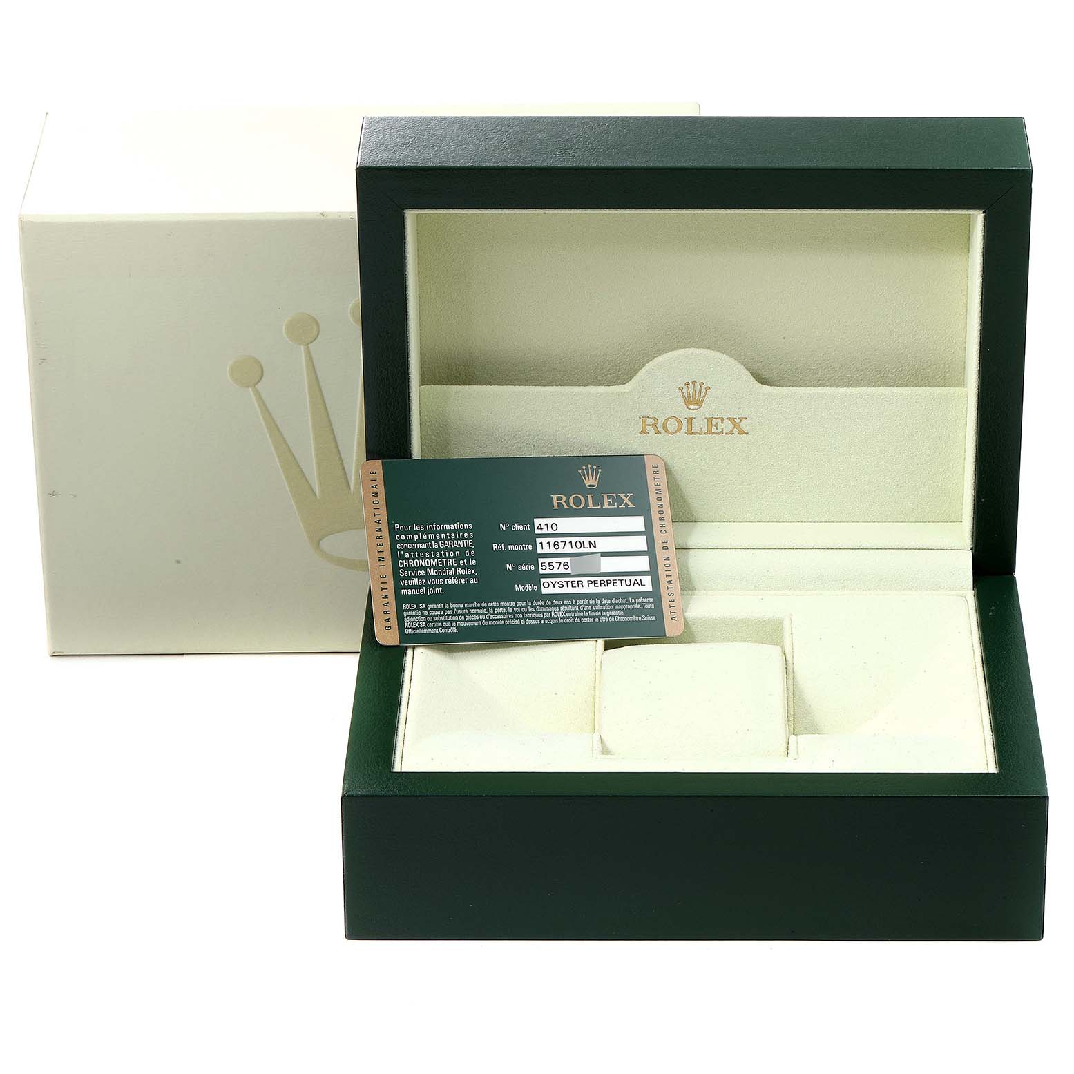 The image shows the box and warranty card for a Rolex GMT-Master 116710 Men
s Stainless Steel Black Dial 116710 Men
s Stainless Steel Black Dial watch model.