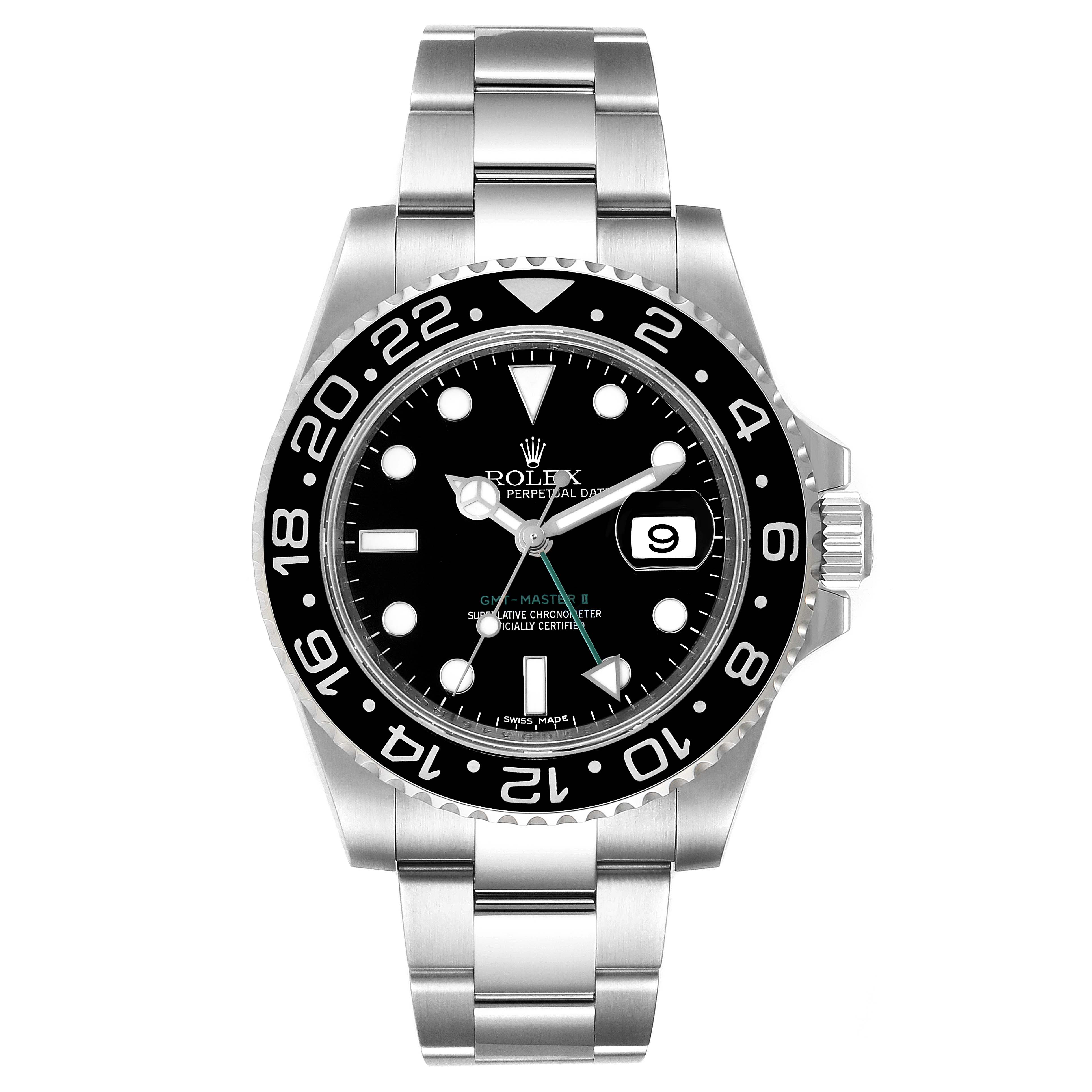 This image shows a front view of a Rolex GMT-Master 116710 Men
s Stainless Steel Black Dial 116710 Men
s Stainless Steel Black Dial II watch, displaying the dial, bezel, and bracelet.
