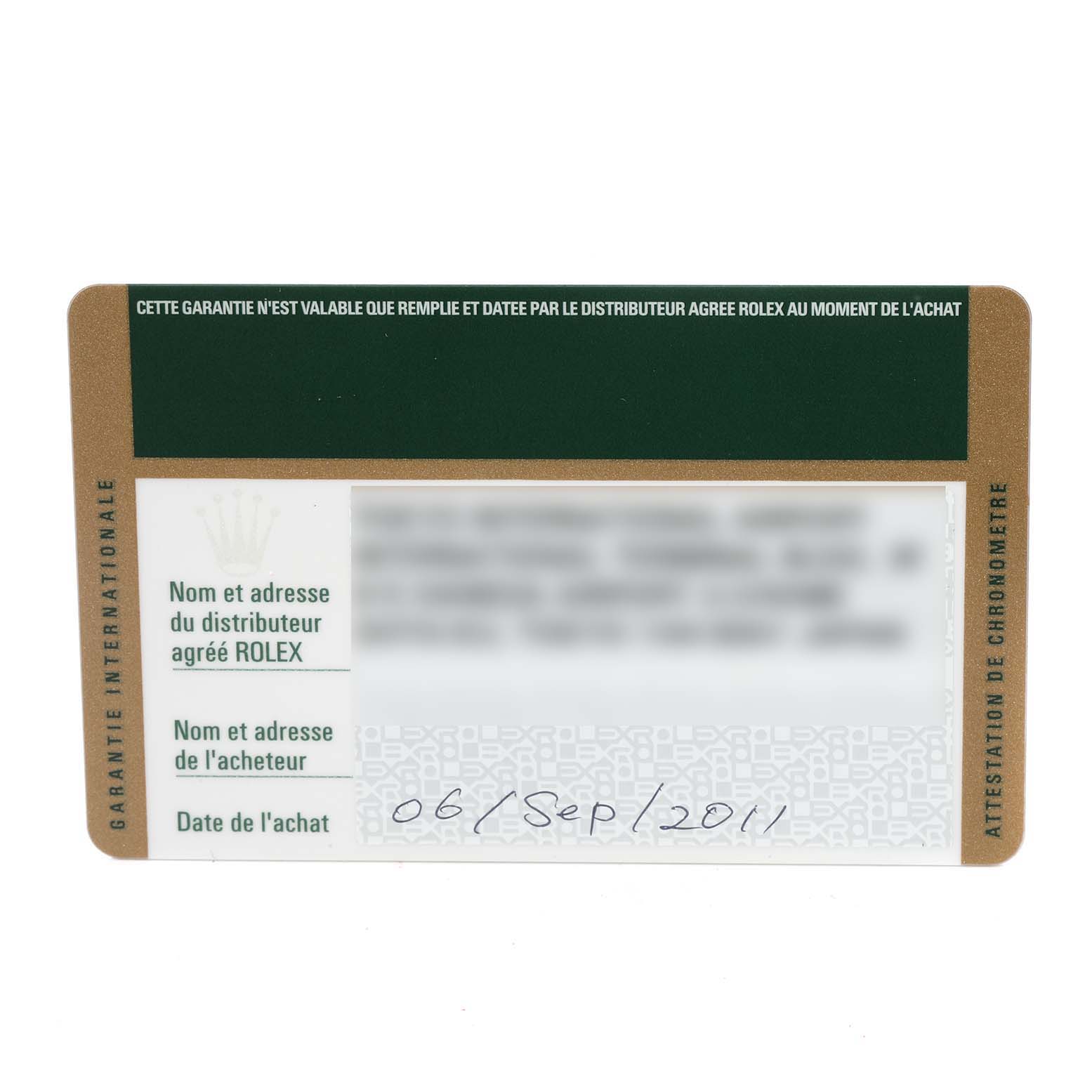 The image shows the international warranty card for a Rolex GMT-Master 116710 Men
s Stainless Steel Black Dial 116710 Men
s Stainless Steel Black Dial watch.