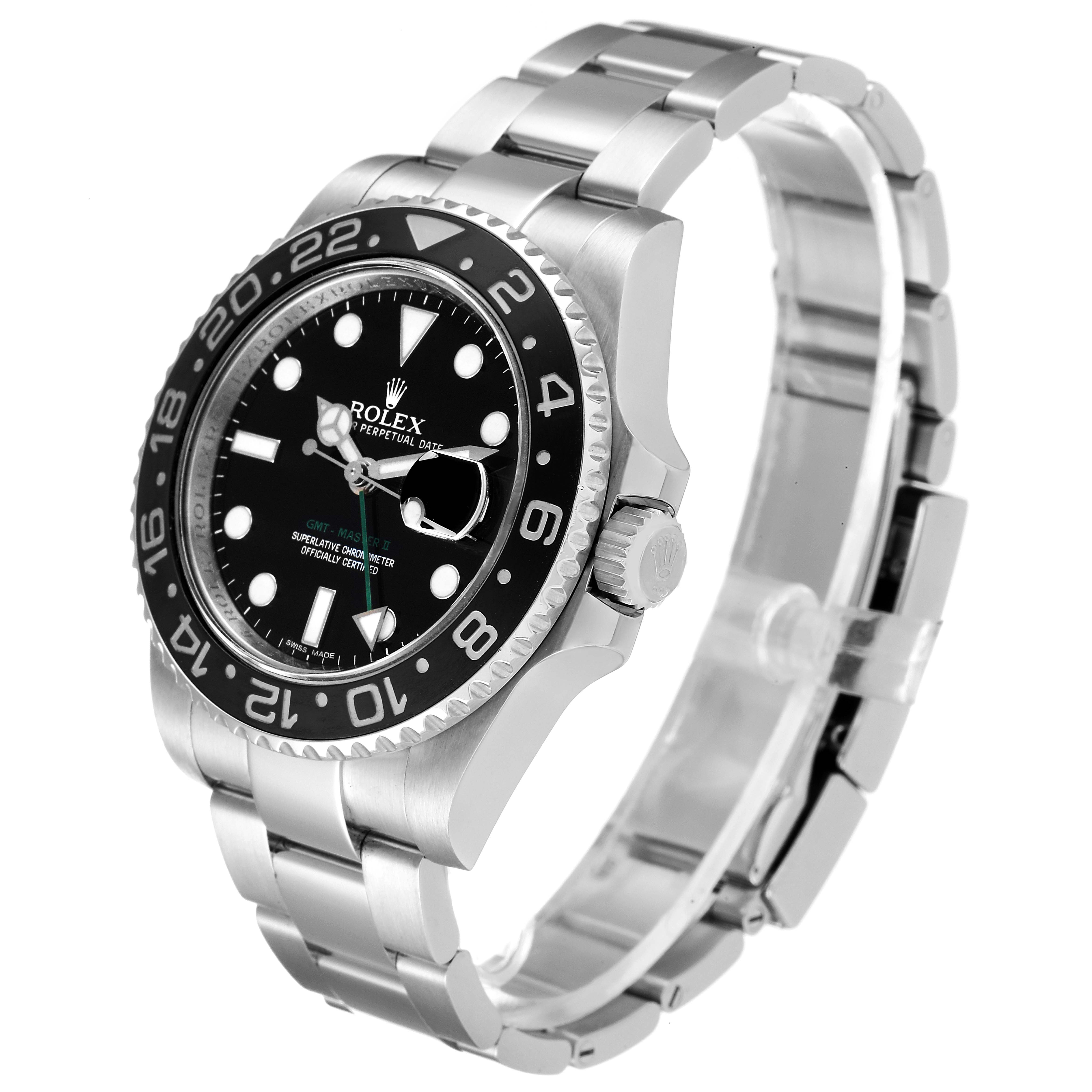 The image shows a side angle of a Rolex GMT-Master 116710 Men
s Stainless Steel Black Dial 116710 Men
s Stainless Steel Black Dial watch, highlighting the bezel, face, crown, and bracelet.
