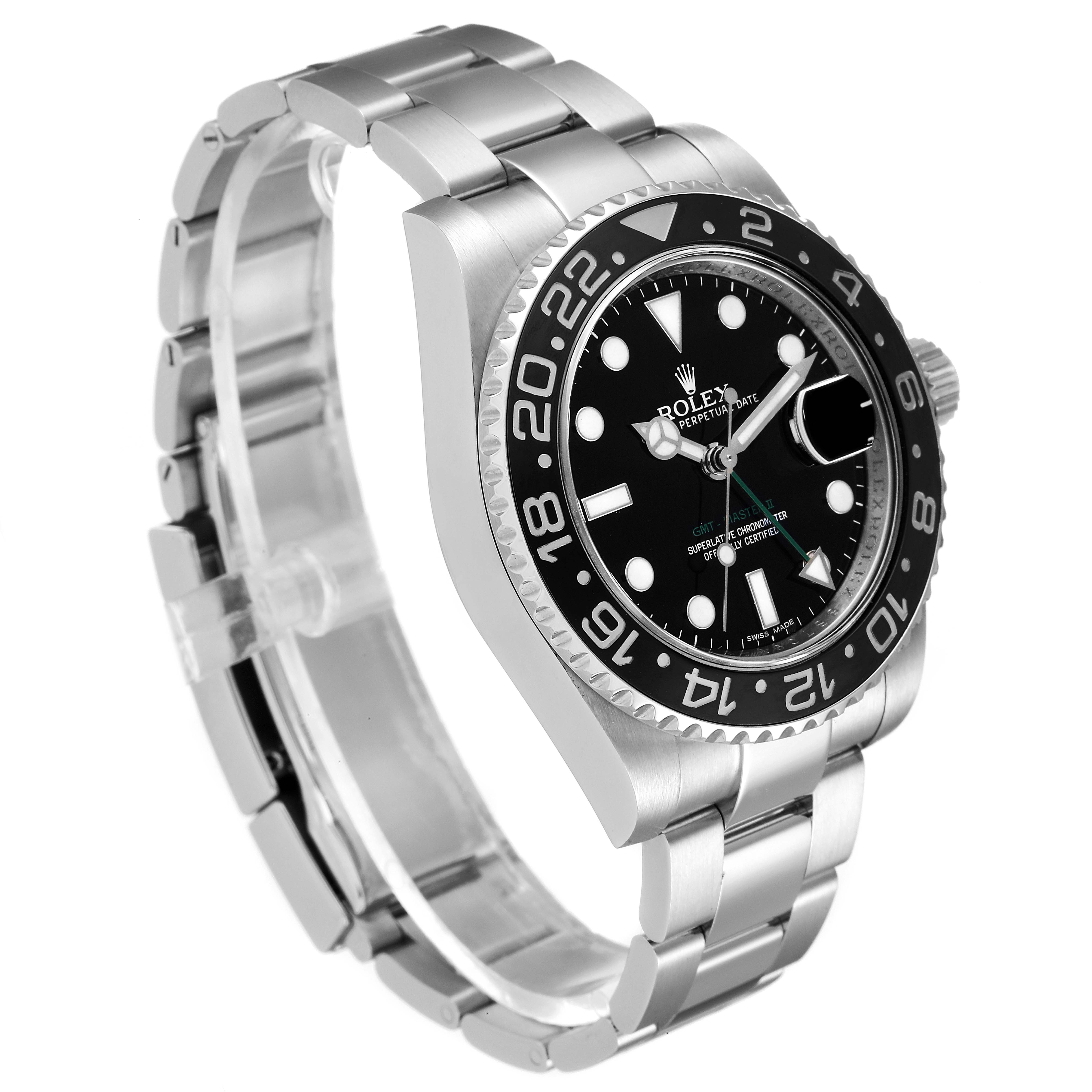 The image shows a Rolex GMT-Master 116710 Men
s Stainless Steel Black Dial 116710 Men
s Stainless Steel Black Dial watch at a three-quarter angle, highlighting the bezel, face, and part of the bracelet.