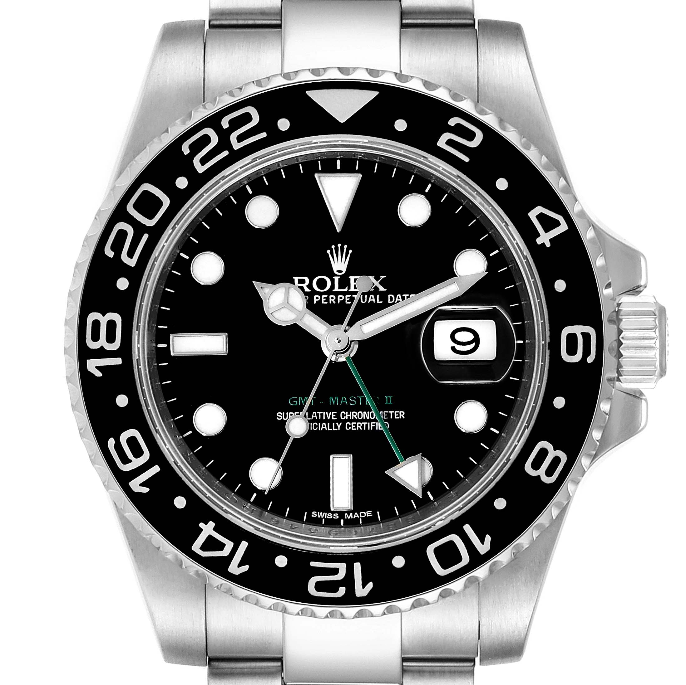The image shows a front view of the Rolex GMT-Master 116710 Men
s Stainless Steel Black Dial 116710 Men
s Stainless Steel Black Dial II watch, highlighting the bezel, dial, hands, and date window.