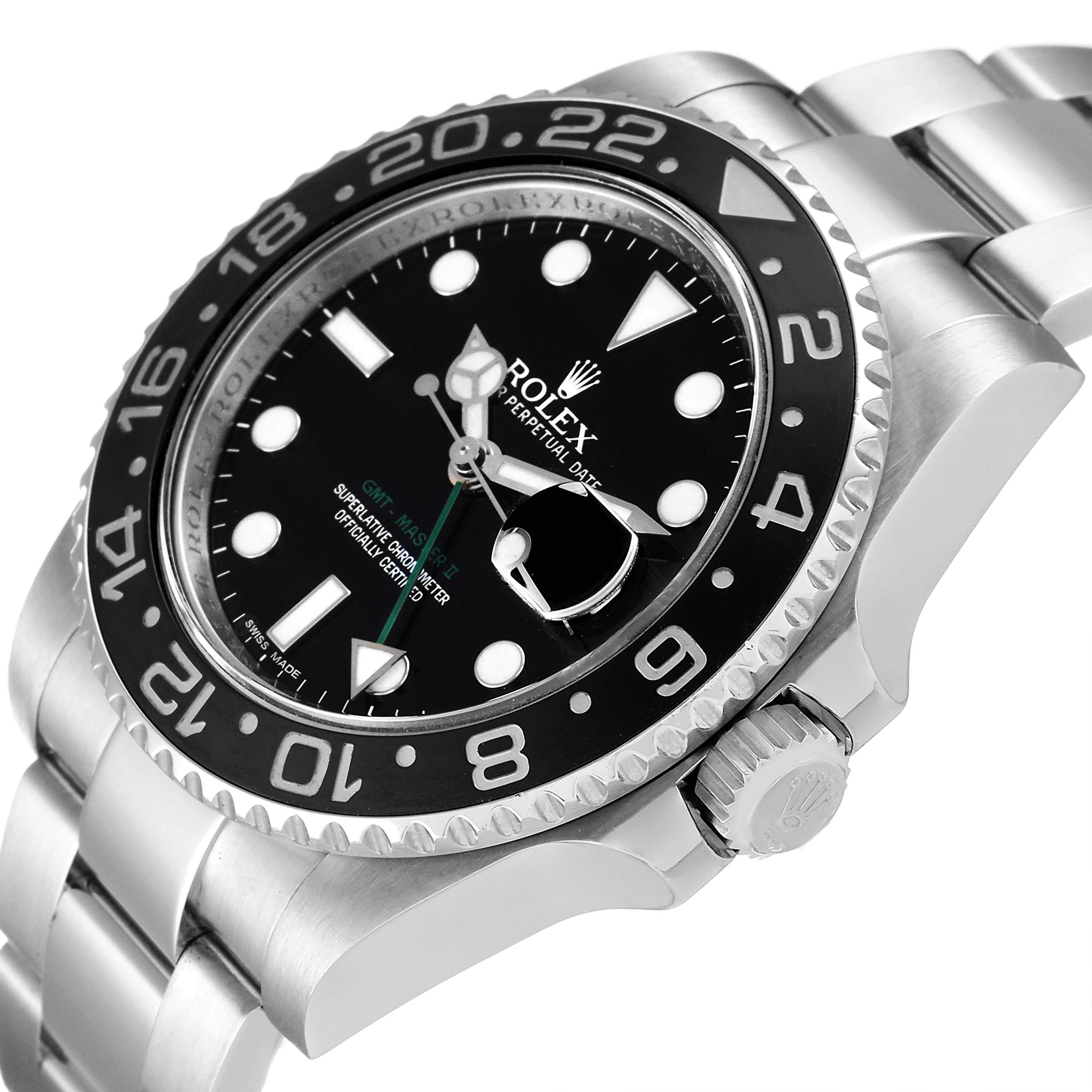 The image shows a close-up angled view of the Rolex GMT-Master 116710 Men
s Stainless Steel Black Dial 116710 Men
s Stainless Steel Black Dial watch, highlighting the bezel, face, crown, and part of the bracelet.