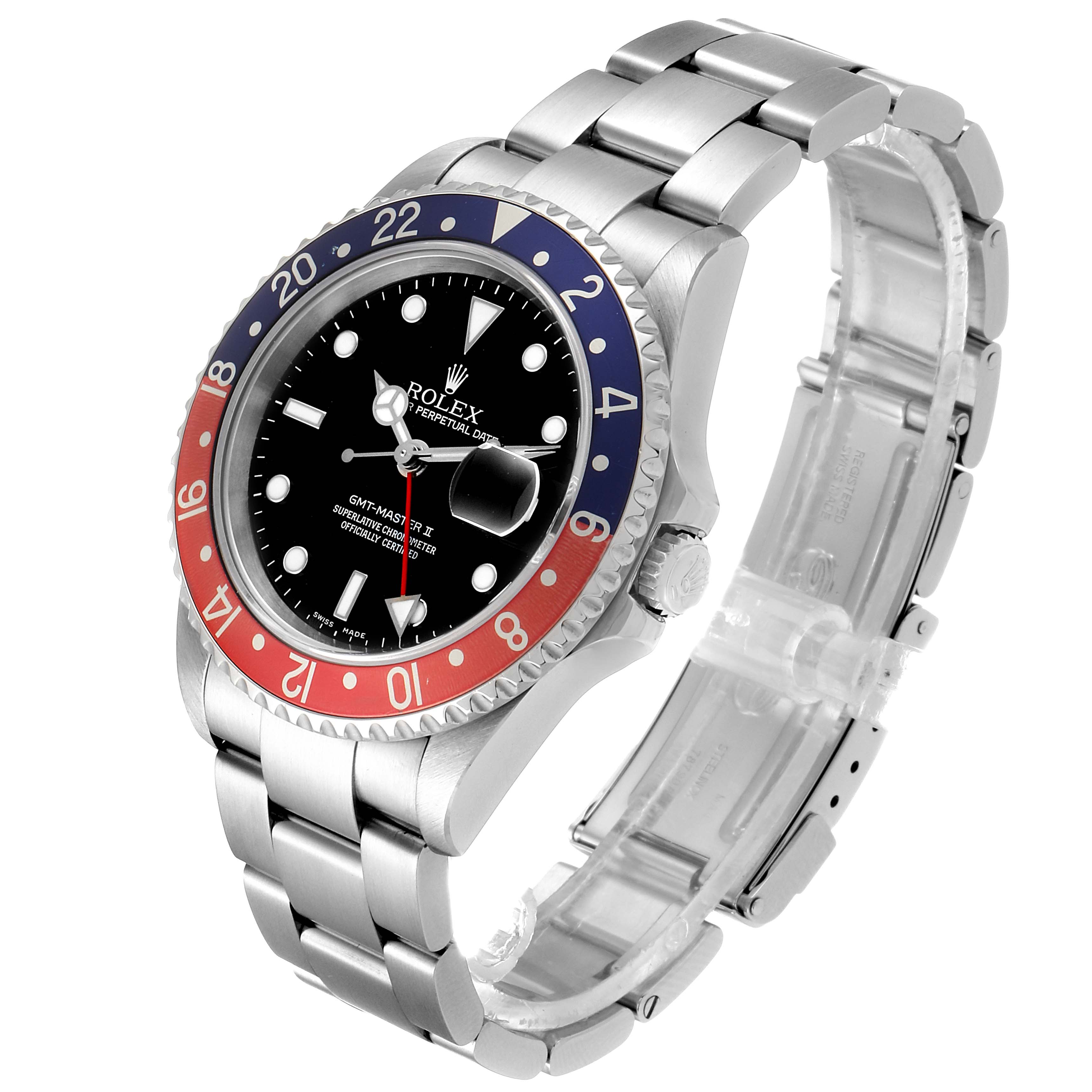 This Rolex GMT-Master 16710 Men
s Stainless Steel Black Dial 16710 Men
s Stainless Steel Black Dial watch is shown at an angle displaying the face, bezel, crown, and bracelet.