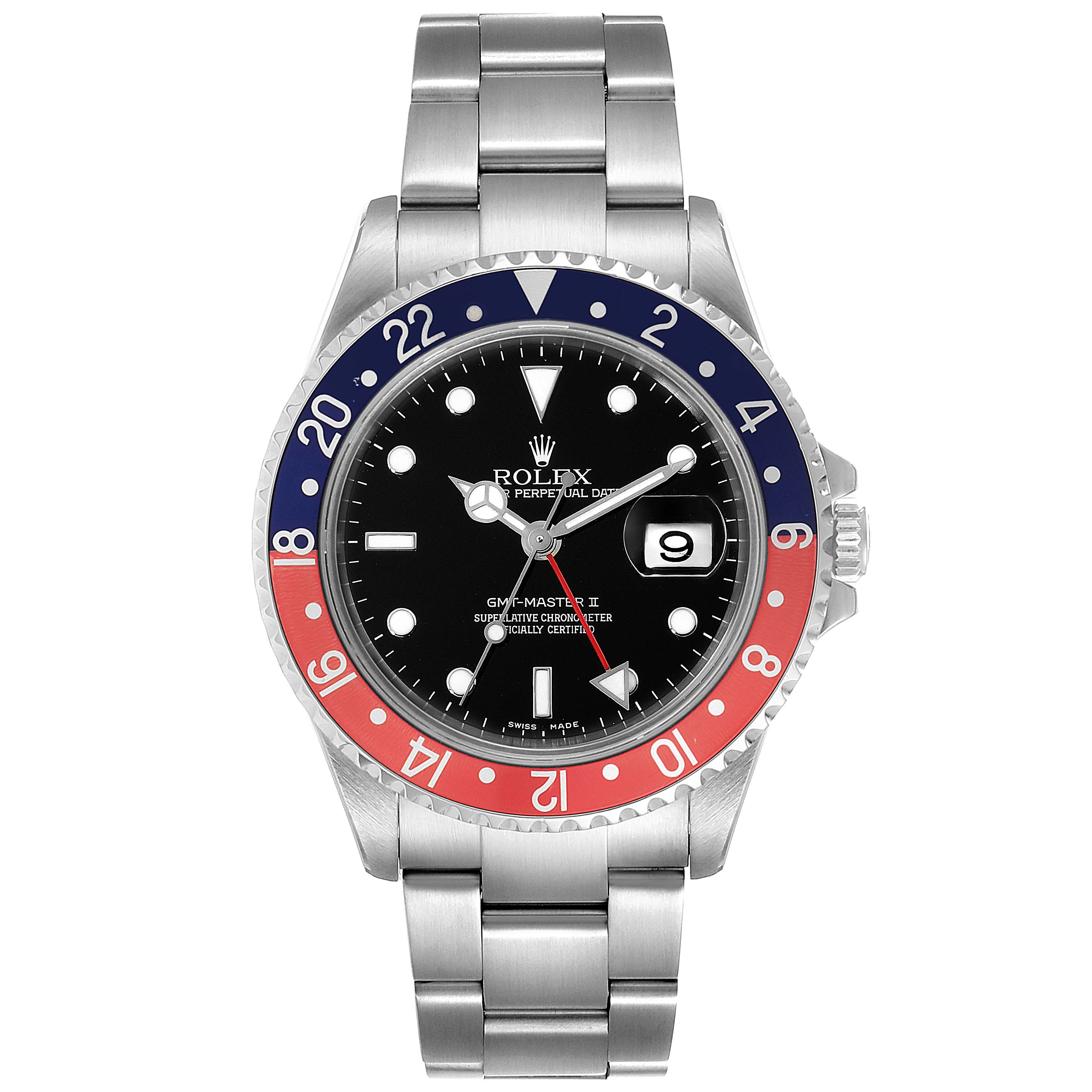 The image shows a front view of a Rolex GMT-Master 16710 Men
s Stainless Steel Black Dial 16710 Men
s Stainless Steel Black Dial II watch, featuring a black dial and a red-blue bezel.