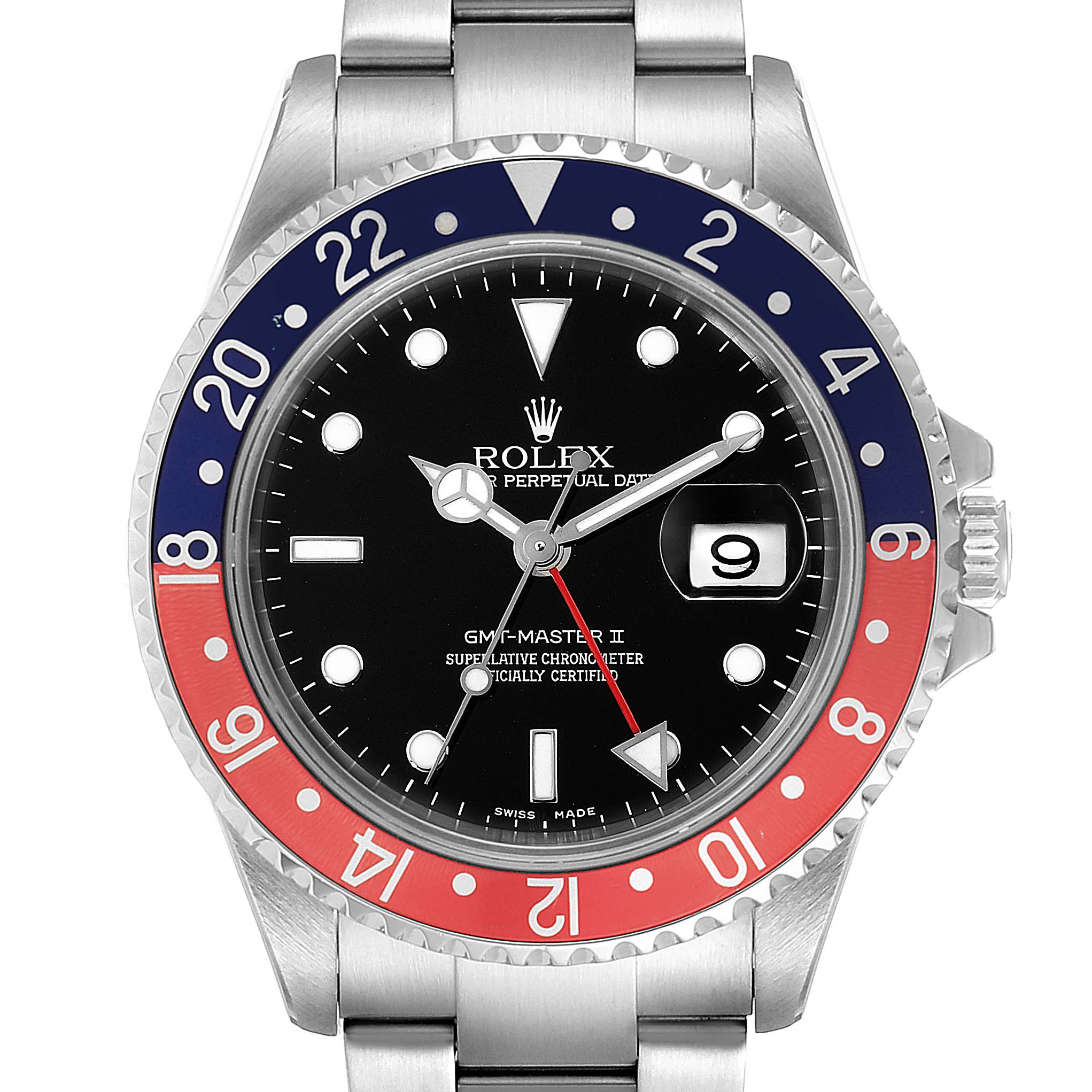 The Rolex GMT-Master 16710 Men
s Stainless Steel Black Dial 16710 Men
s Stainless Steel Black Dial II watch is shown from a front angle, featuring the bezel, dial, crown, and bracelet.