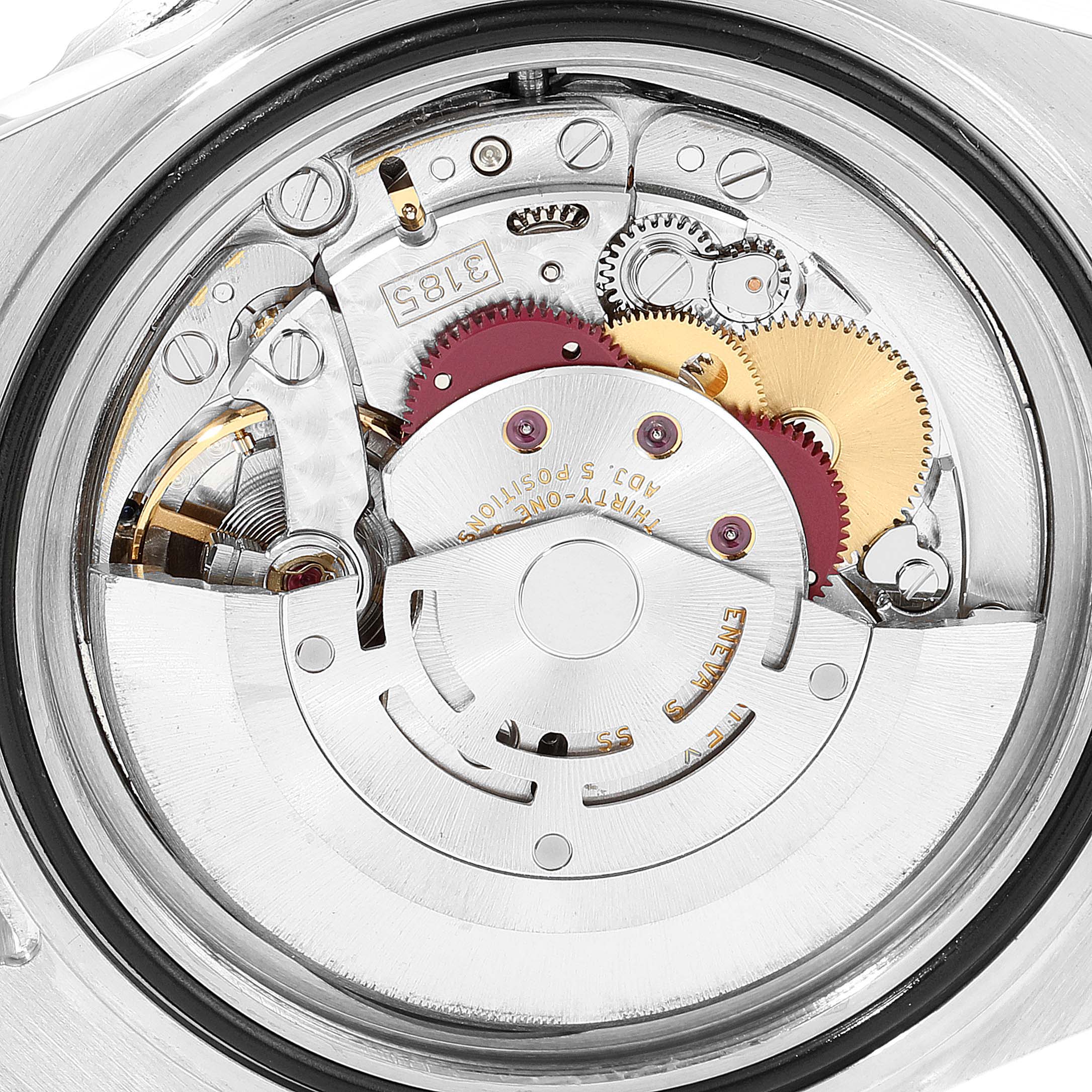 The image shows the inner mechanical movement and components of a Rolex GMT-Master 16710 Men
s Stainless Steel Black Dial 16710 Men
s Stainless Steel Black Dial watch from a rear view.