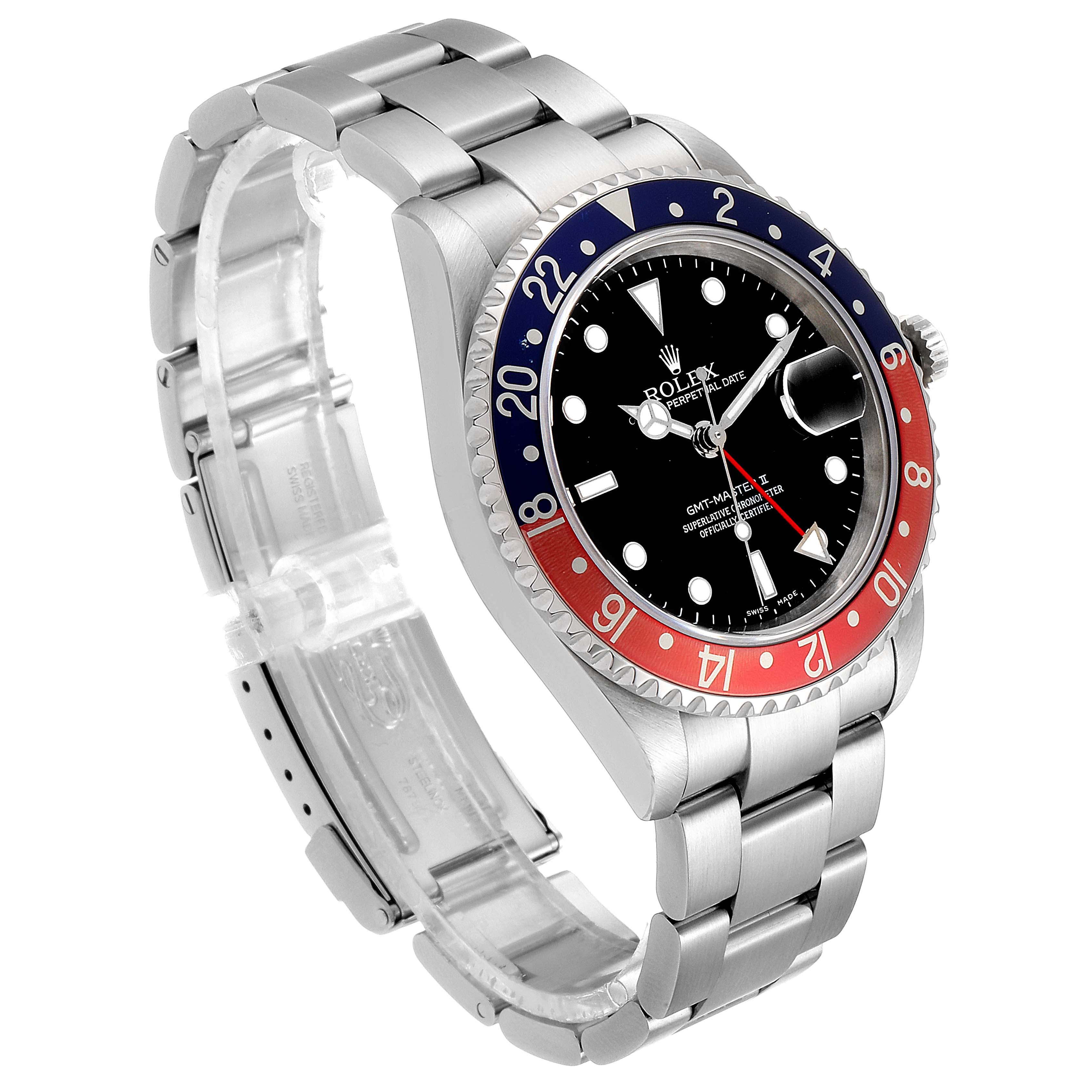 The Rolex GMT-Master 16710 Men
s Stainless Steel Black Dial 16710 Men
s Stainless Steel Black Dial watch is shown at a three-quarter angle, highlighting its bezel, dial, and bracelet.