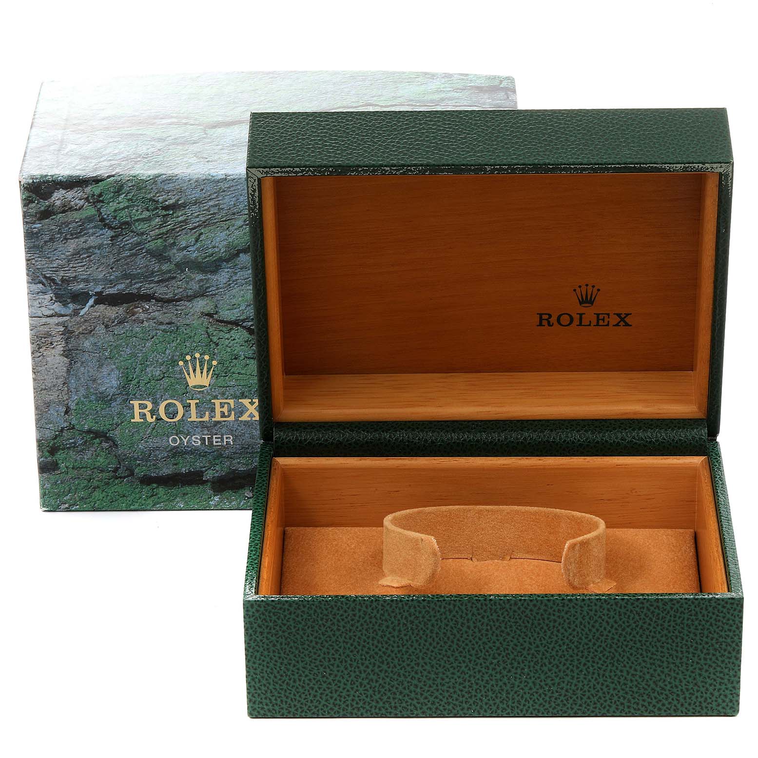 This image shows an open Rolex box for the GMT-Master model with the brand name and logo visible.