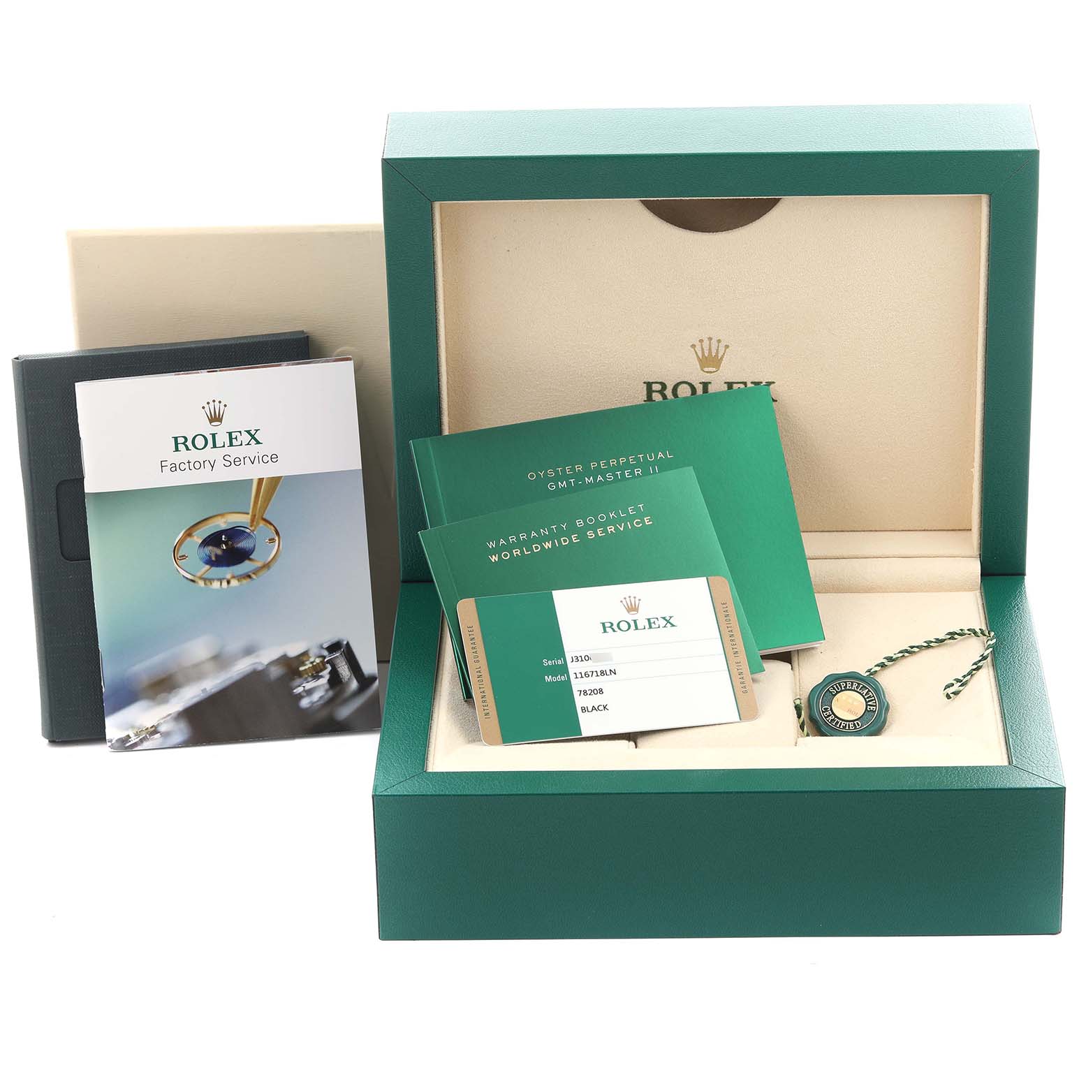 The image shows the packaging and documentation of the Rolex GMT-Master 116718LN Men's Yellow Gold Black Dial 116718LN Men's Yellow Gold Black Dial watch, including a box, booklets, tag, and warranty card.