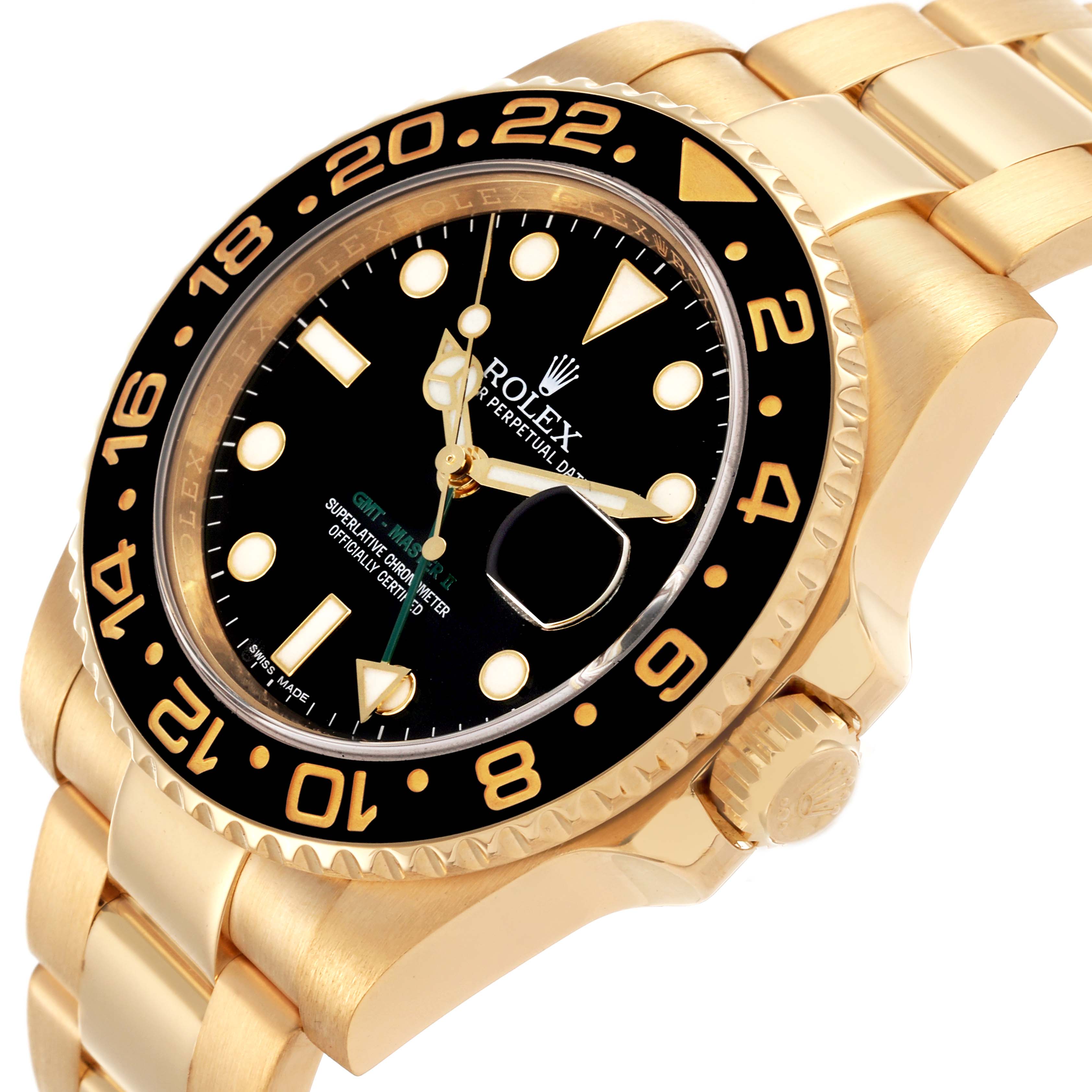 The image shows a Rolex GMT-Master 116718LN Men's Yellow Gold Black Dial 116718LN Men's Yellow Gold Black Dial watch from a three-quarter angle, highlighting the bezel, dial, crown, and part of the bracelet.