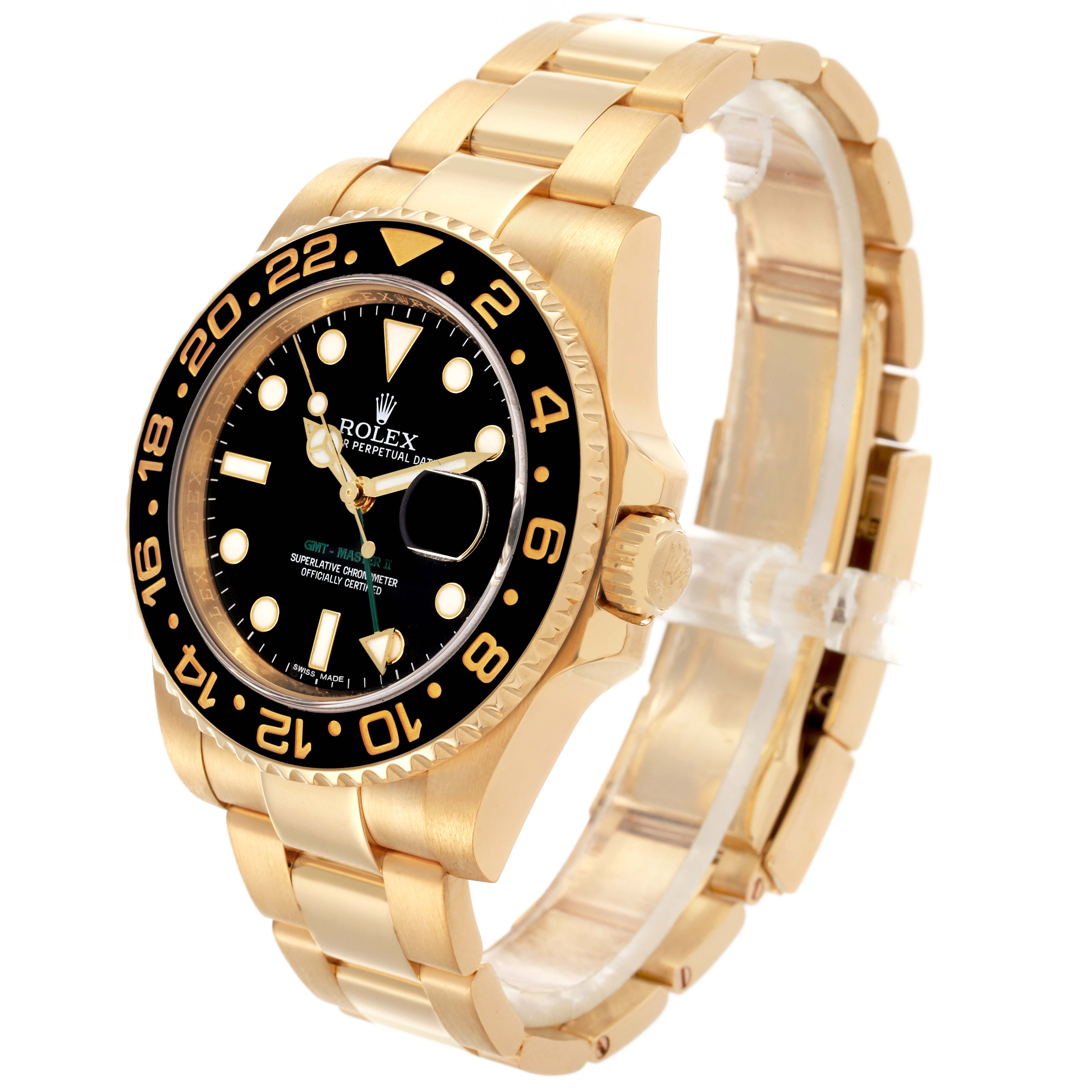 The Rolex GMT-Master 116718LN Men's Yellow Gold Black Dial 116718LN Men's Yellow Gold Black Dial watch is shown at a slight angle, displaying the face, bezel, crown, and part of the bracelet.