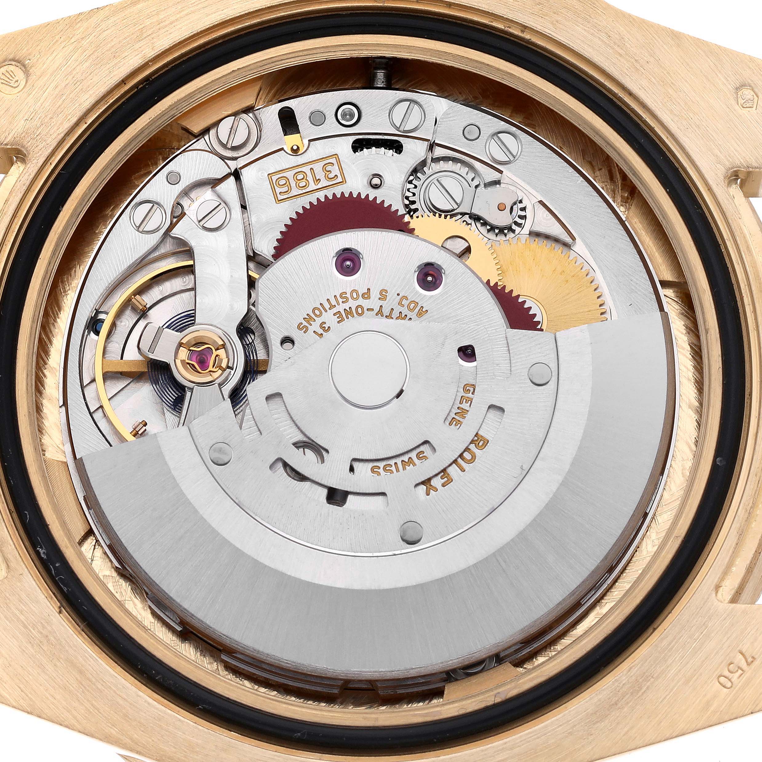 The image shows the internal mechanism of a Rolex GMT-Master 116718LN Men's Yellow Gold Black Dial 116718LN Men's Yellow Gold Black Dial watch, viewed from the back, highlighting gears and the rotor.