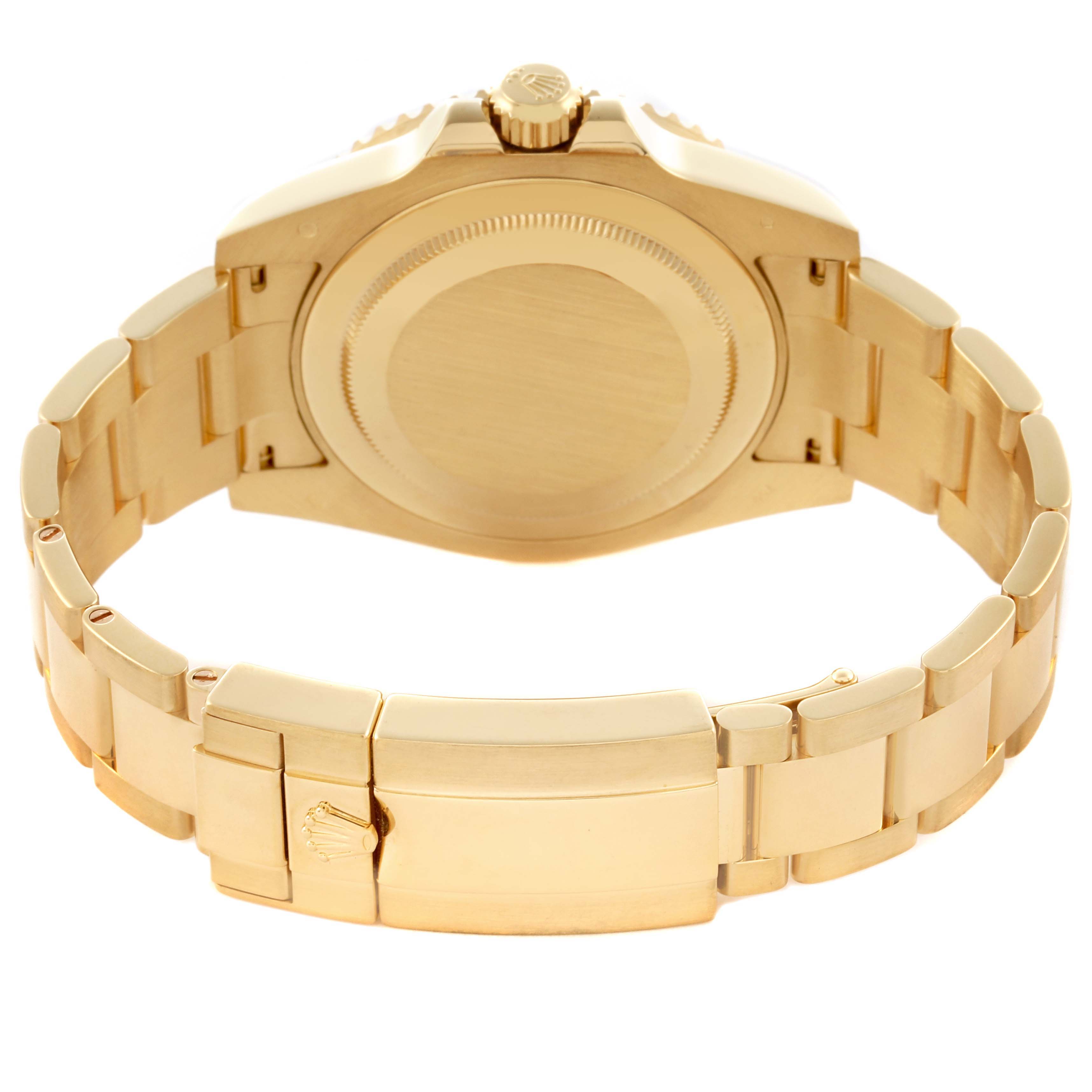 The image shows the back view of a Rolex GMT-Master 116718LN Men's Yellow Gold Black Dial 116718LN Men's Yellow Gold Black Dial, highlighting the case back, bracelet, and clasp.