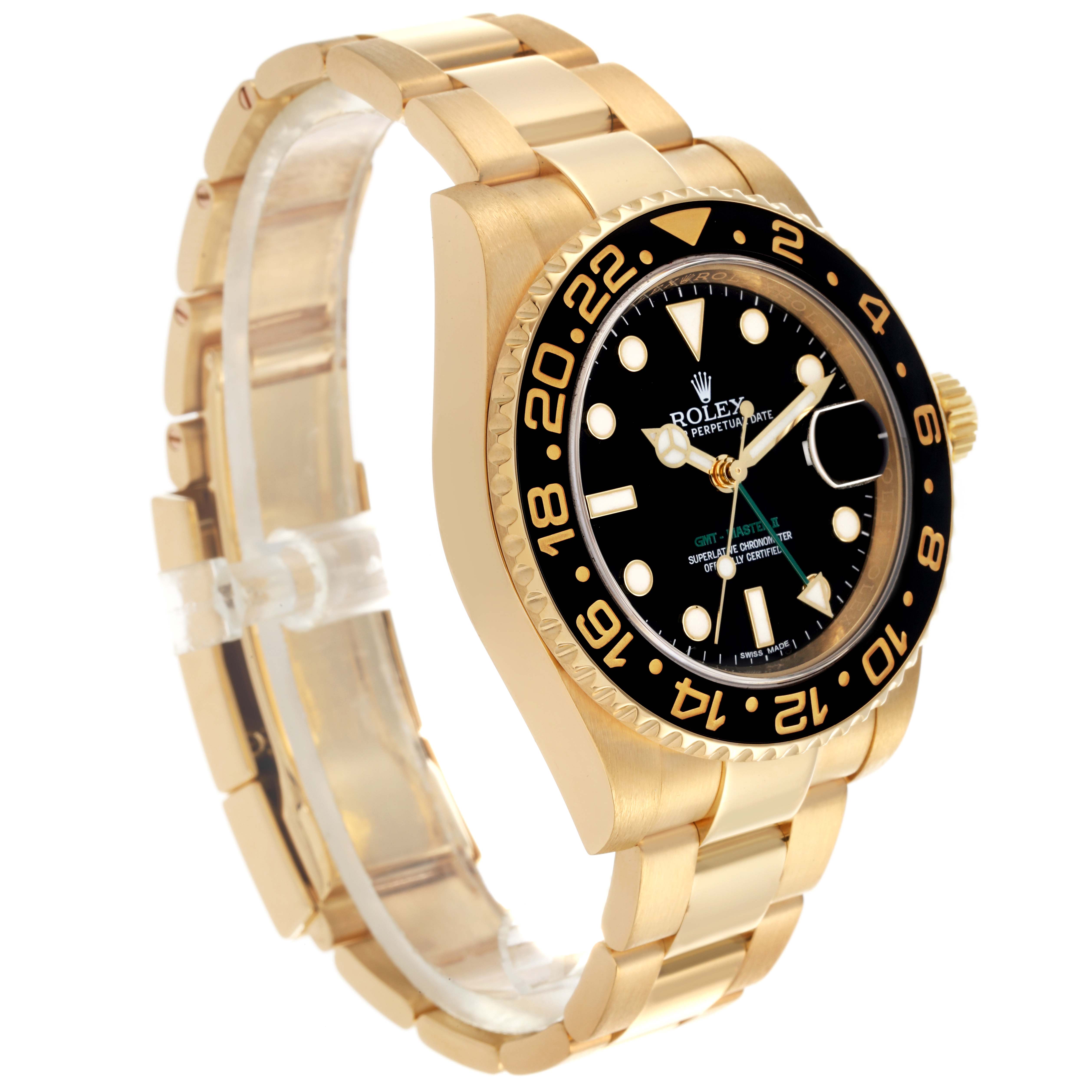 The Rolex GMT-Master 116718LN Men's Yellow Gold Black Dial 116718LN Men's Yellow Gold Black Dial watch is shown at a side angle, highlighting the bezel, dial, and bracelet.